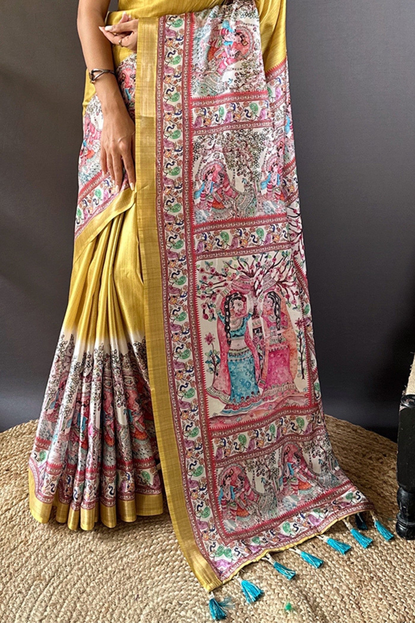 Anzac Yellow Madhubani Printed Tussar Silk Saree