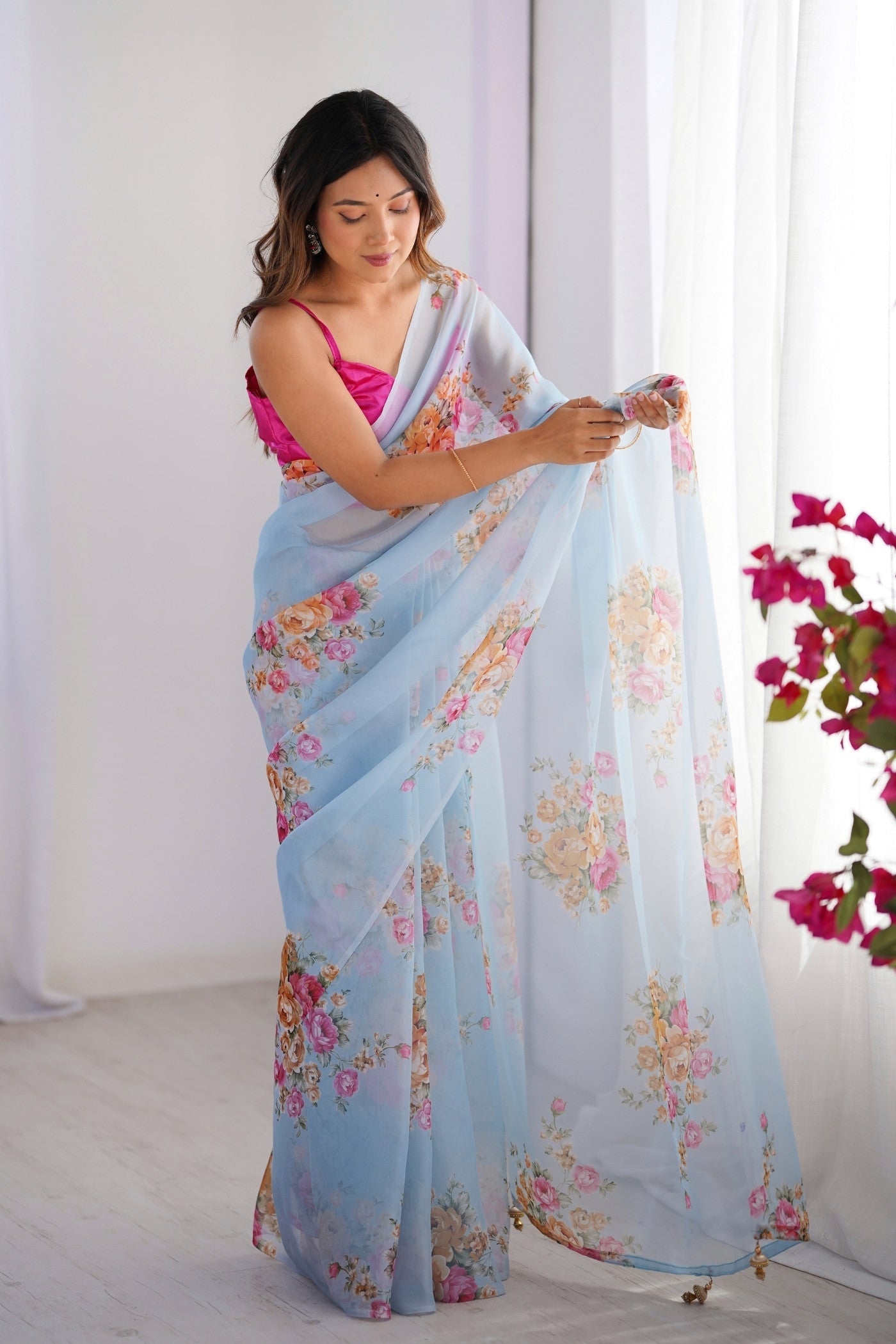 Water Blue Organza Printed Saree