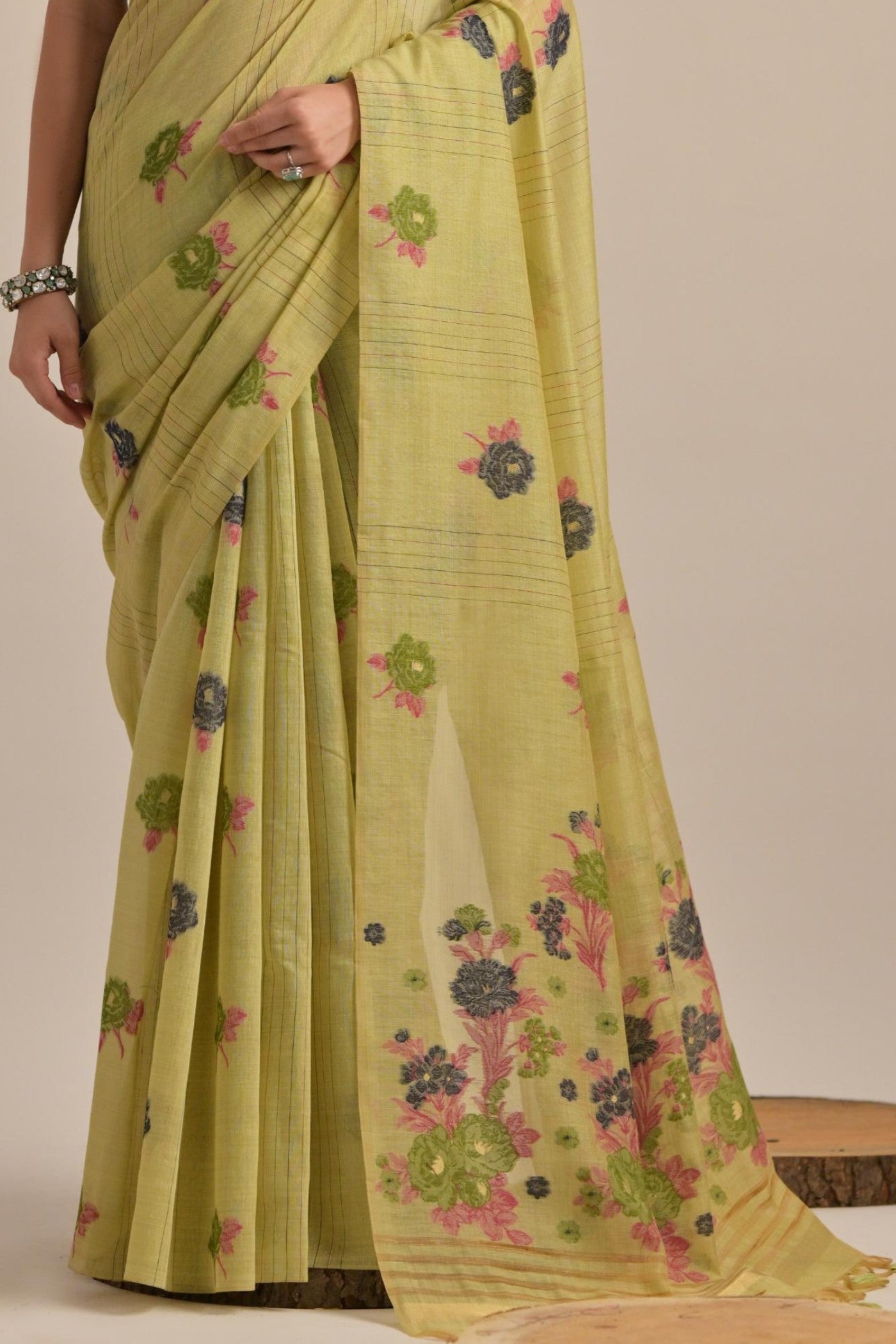 Pea Green Floral Woven Muga Cotton Saree