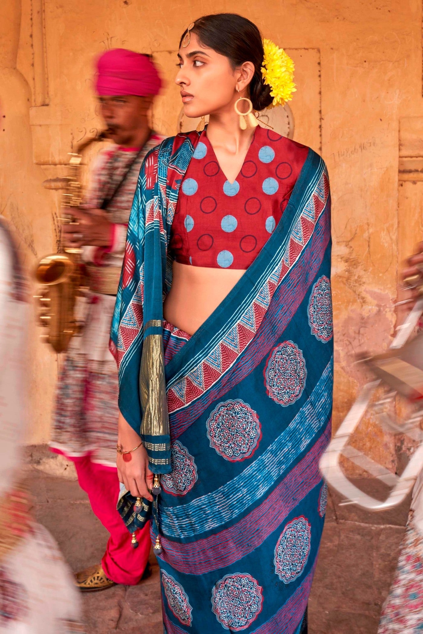 Venice Blue Ajrakh Handprinted Satin Saree