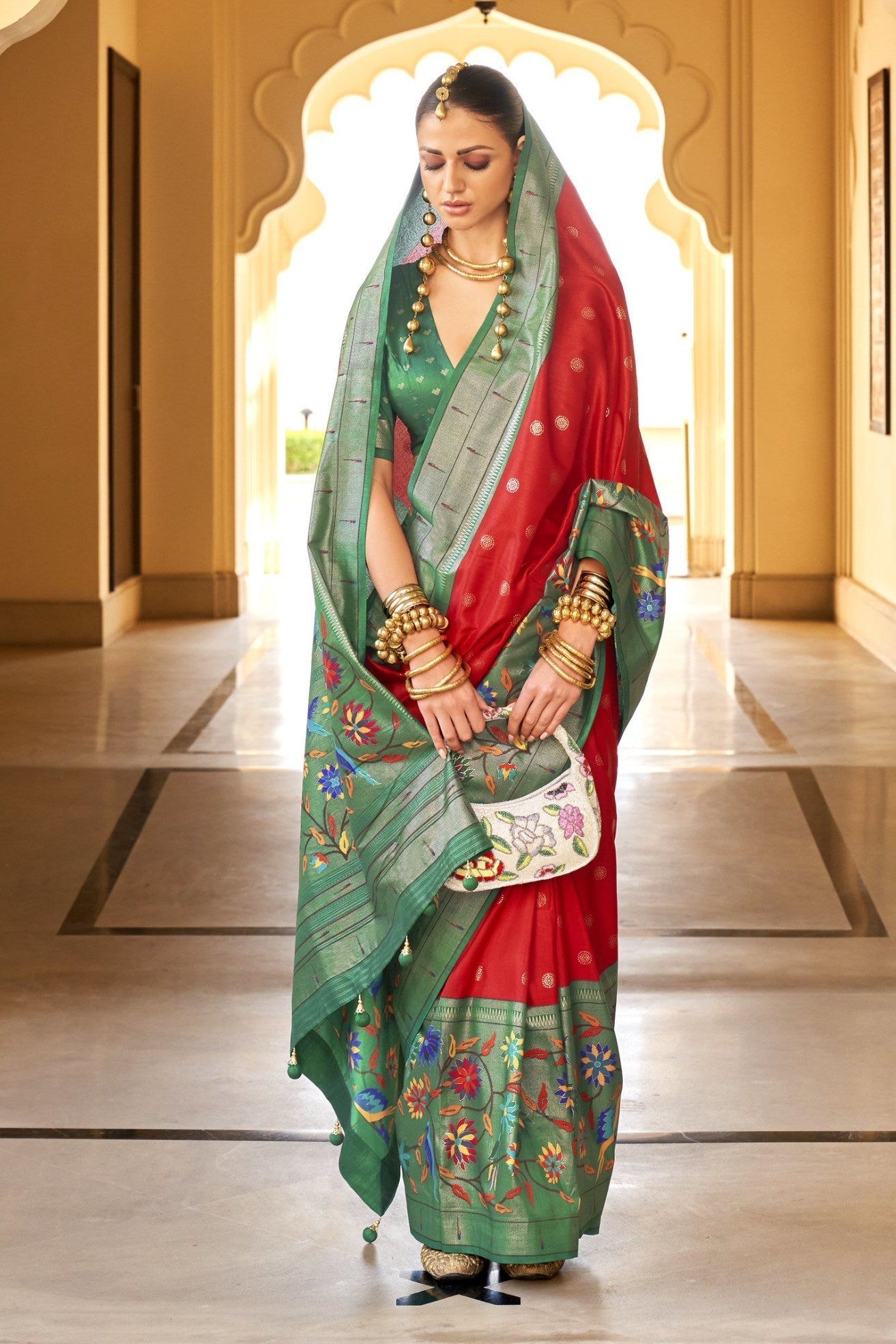 Red Chilli and Green Woven Paithani Designer Saree