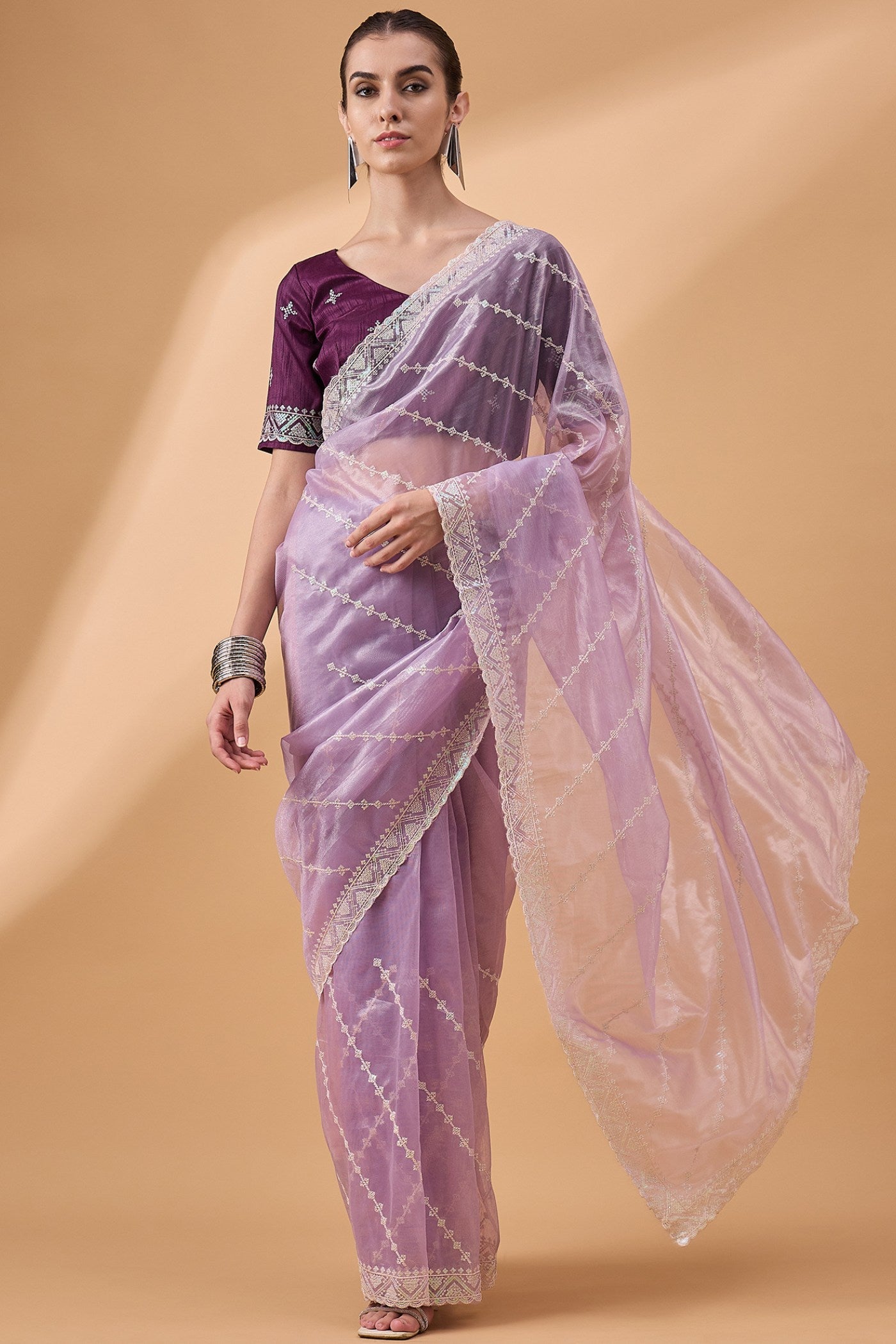 Mountbatten Purple Organza Partywear Saree