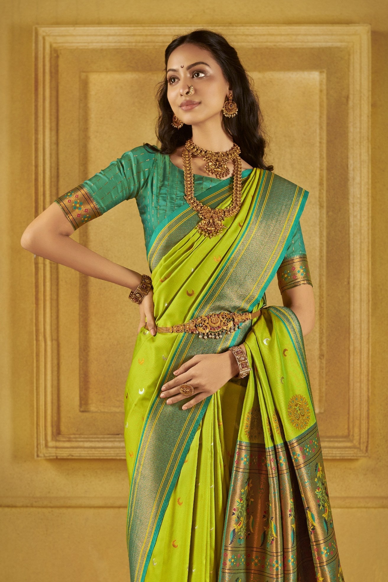 Parrot Green Woven Paithani Saree