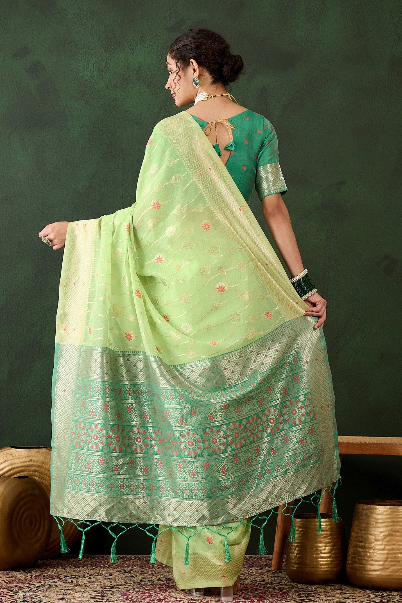 Pistachio Green Woven Cotton Saree