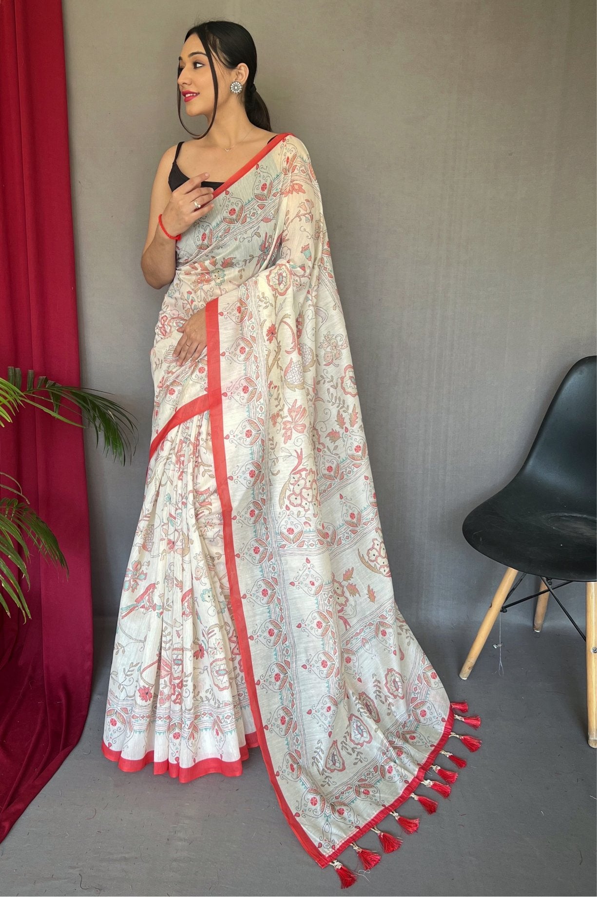 Rose Red and White Printed Cotton Saree