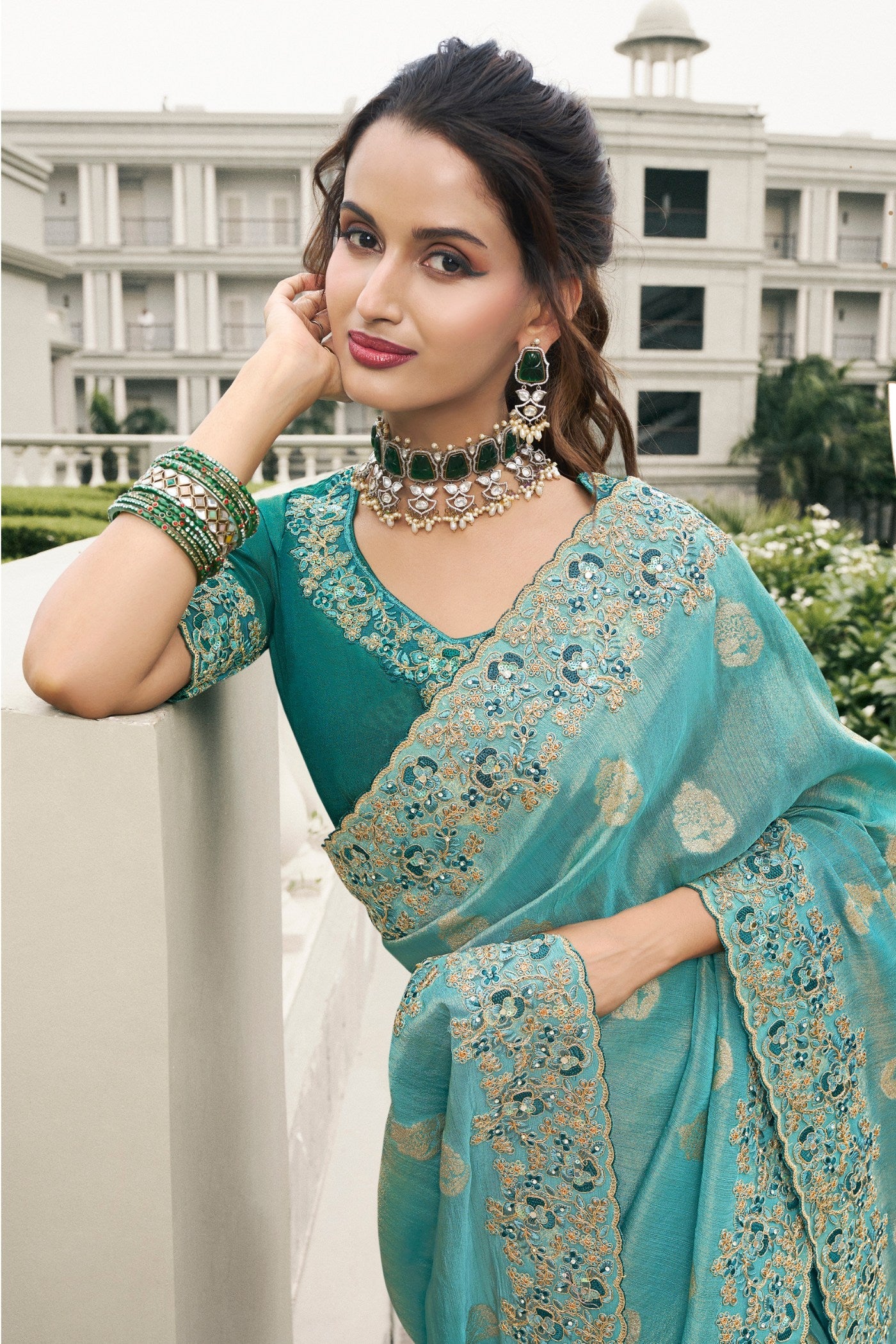 Sky Blue Banarasi Designer Embroidered Saree