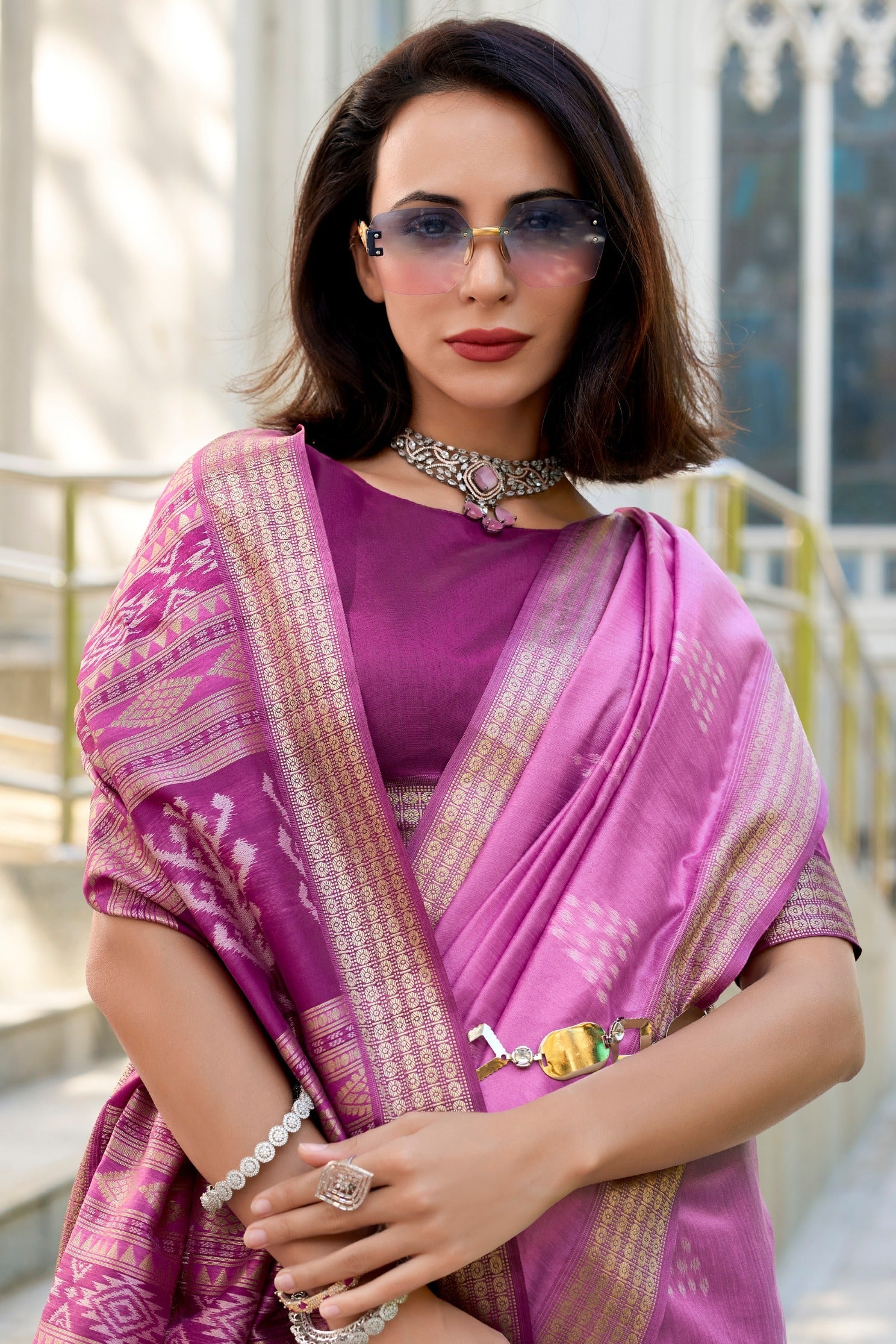 Mega Pink Ikkat Woven Banarasi Saree