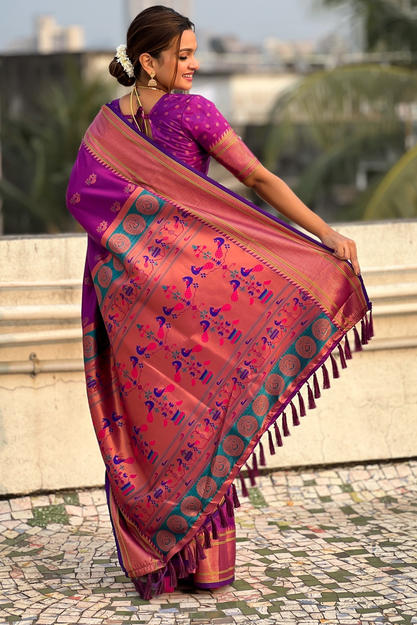 Berry Purple Zari Woven Nath Paithani Saree