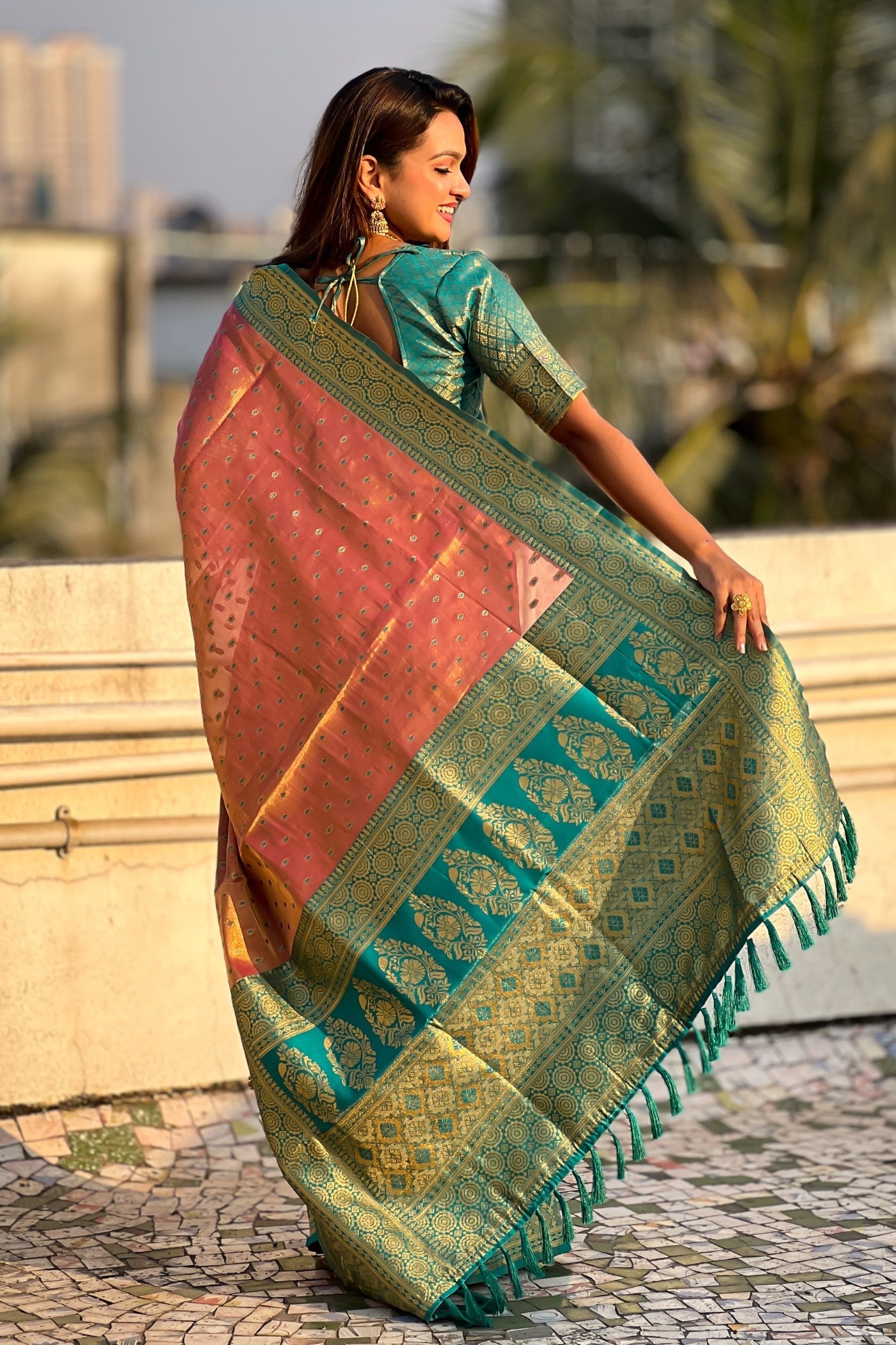 Tuscany Peach Woven Banarasi Saree