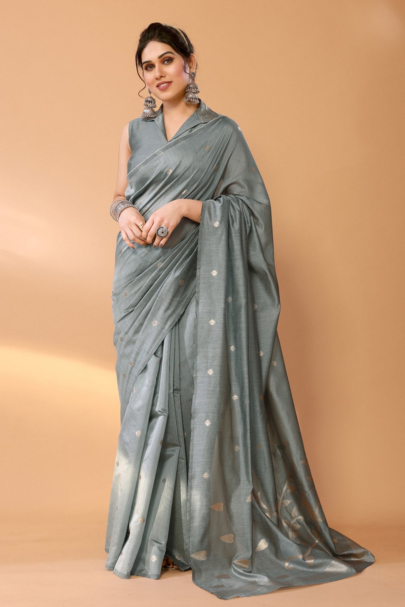 Mantle Grey Woven Chanderi Cotton Saree