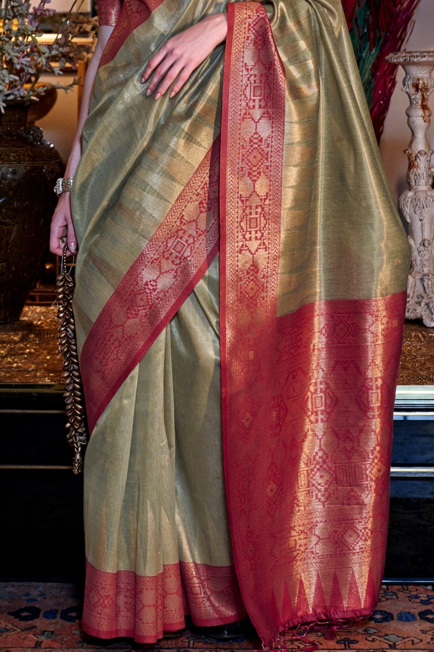 Lime Green Woven Tissue Silk Saree