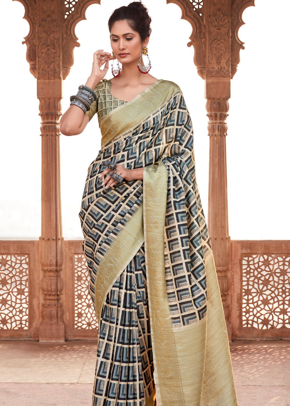 Pewter Blue and Handloom Banarasi Silk Saree