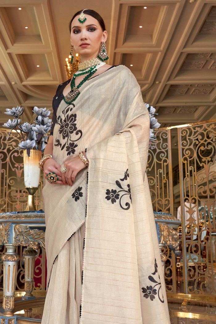 Stark White and Black Woven Tussar Floral Silk Saree