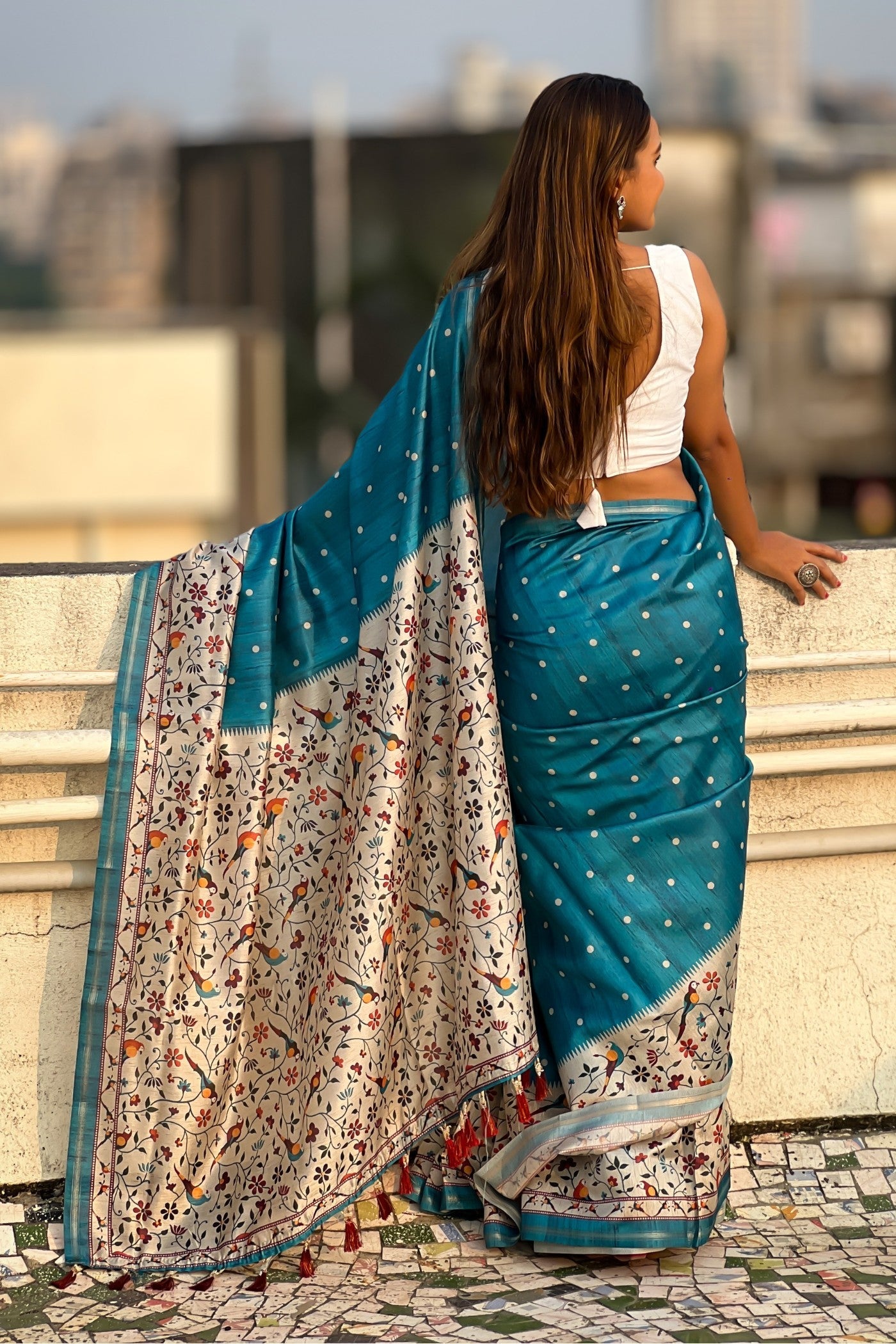 Turquoise Blue Floral Printed Kalamkari Saree