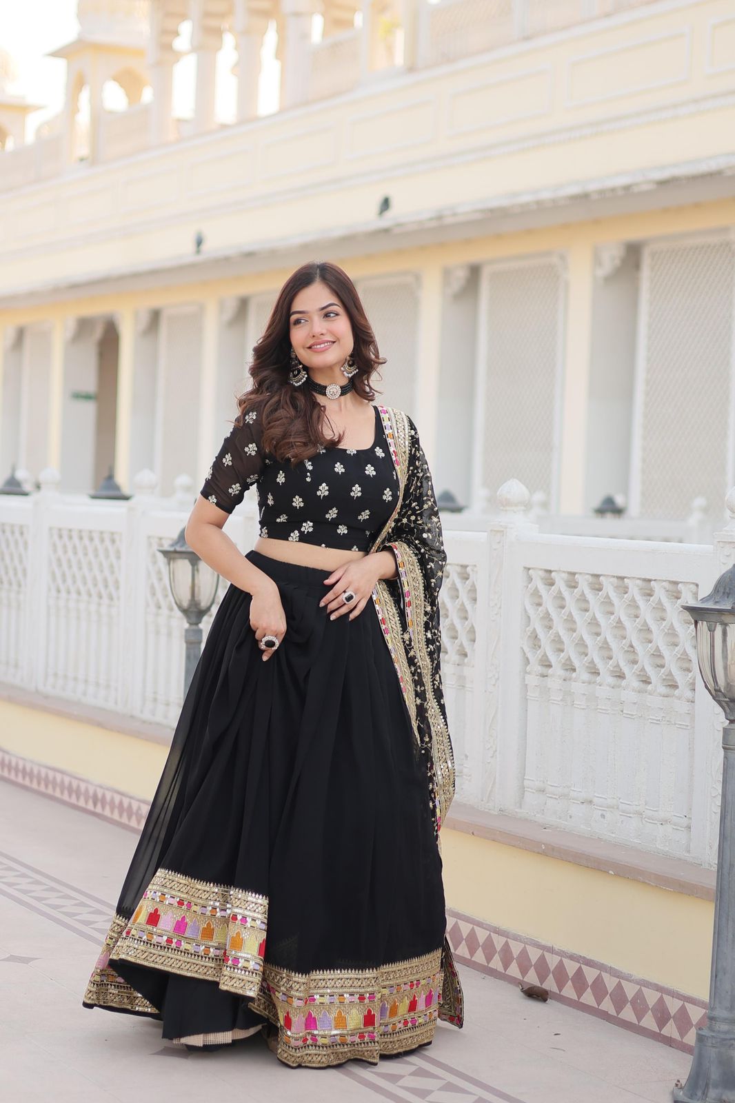 Trending Black Embroidered Fully Flaired Georgette Lehenga With Rich Sequins And Thread Embroidered Work