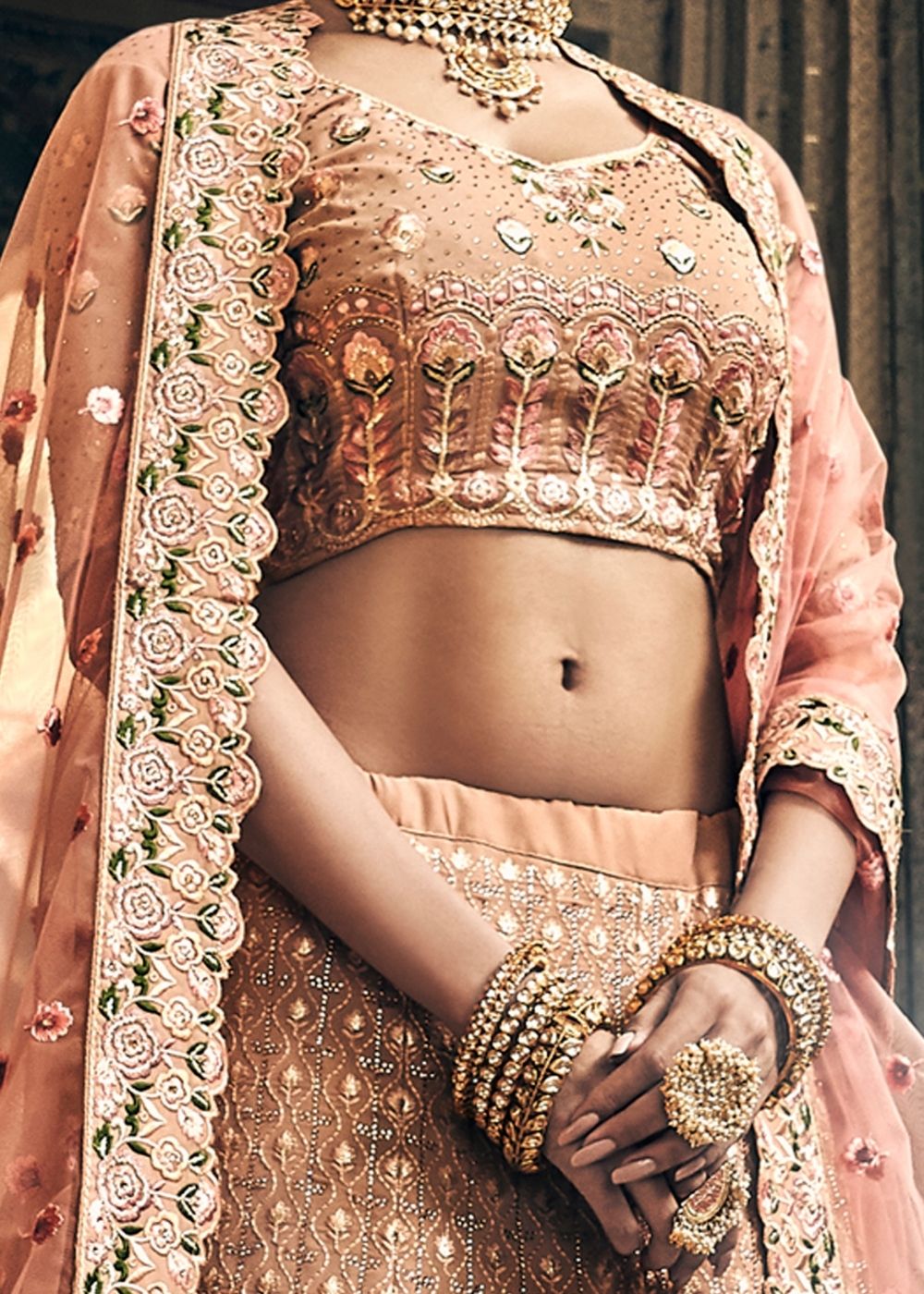 Antique Brass Pink Georgette Lehenga Choli