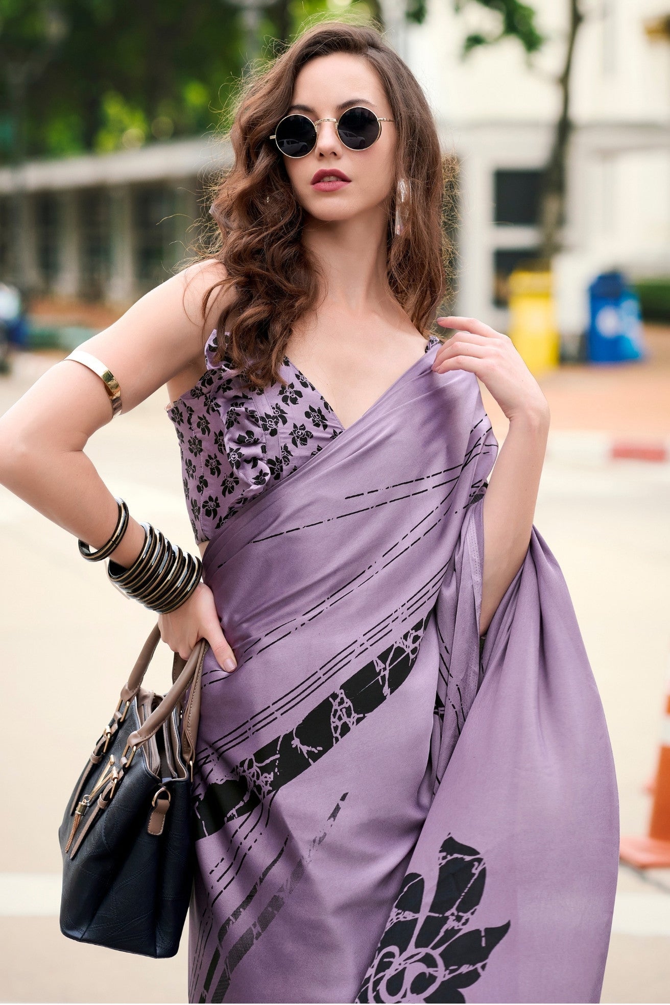 Mauve Purple Printed Satin Crepe Saree