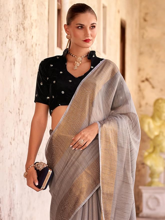 Hemp Grey Zari Woven Linen Saree