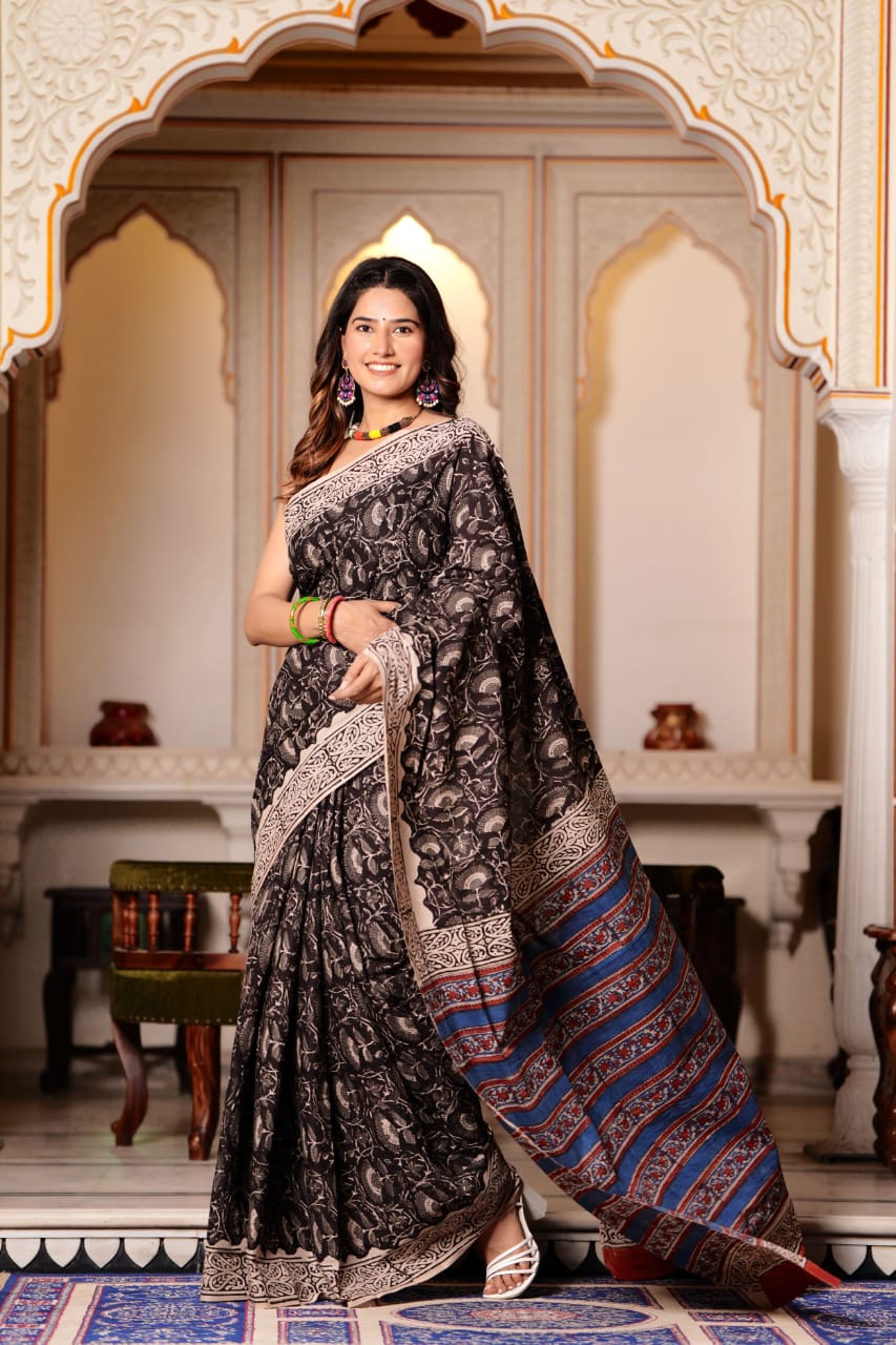 Woody Black Pure Cotton Handblock Printed Saree