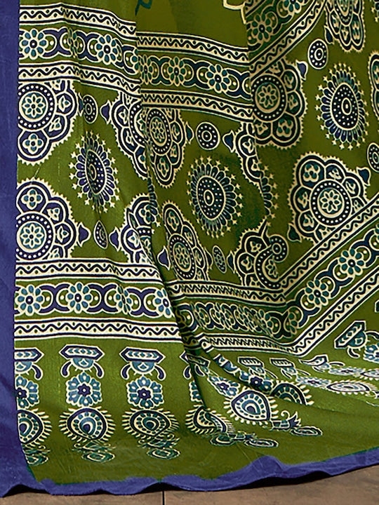 Olive Green Digital Printed Ajrakh Satin Crepe Saree