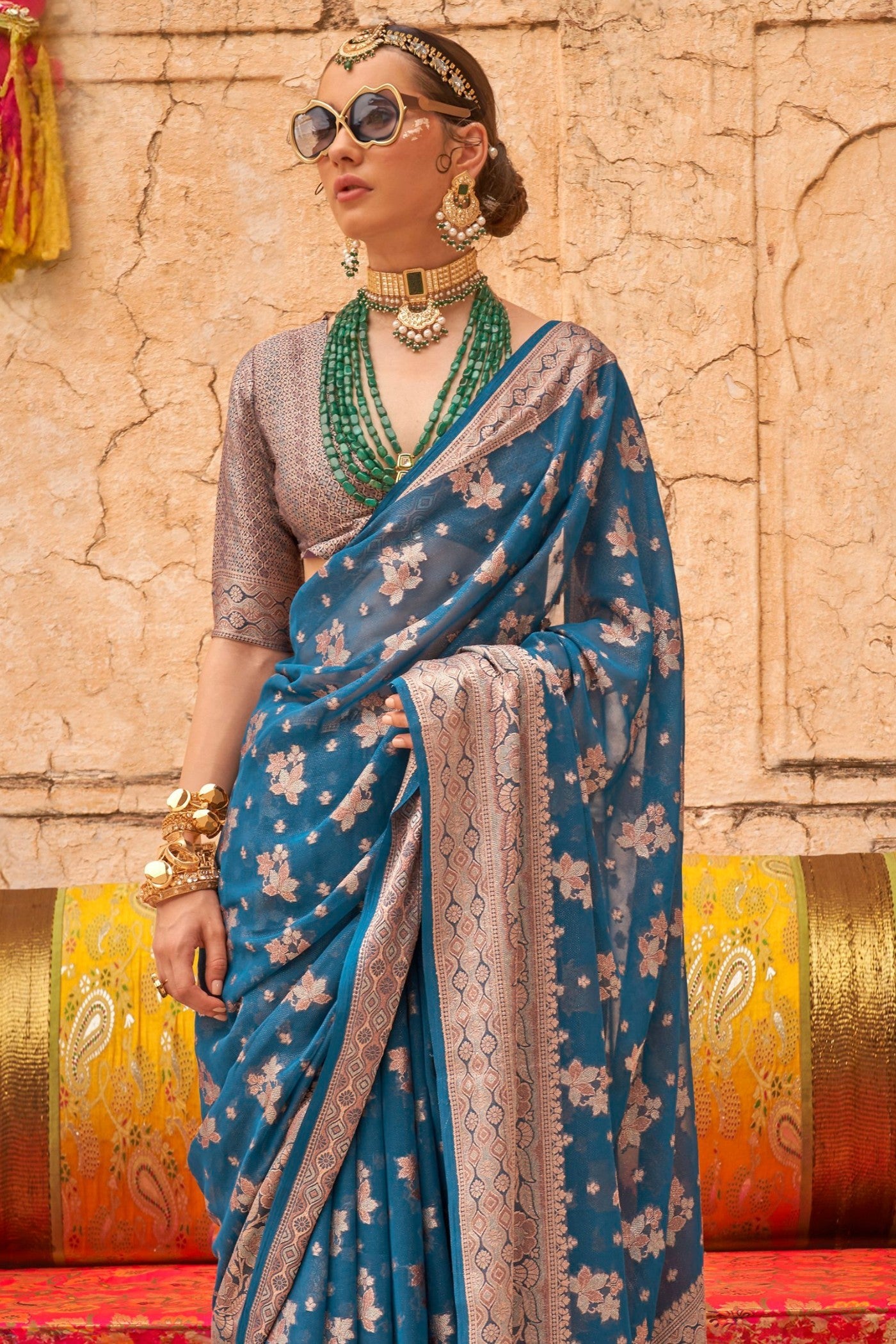 Olympic Blue Zari Woven Georgette Saree