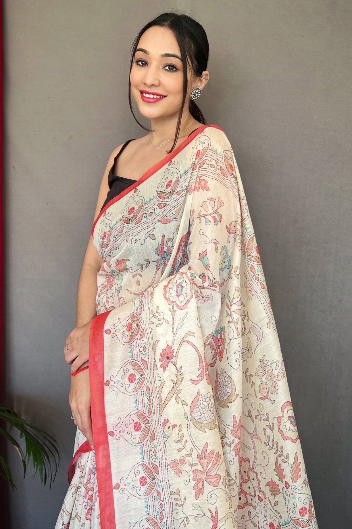 Rose Red and White Printed Cotton Saree