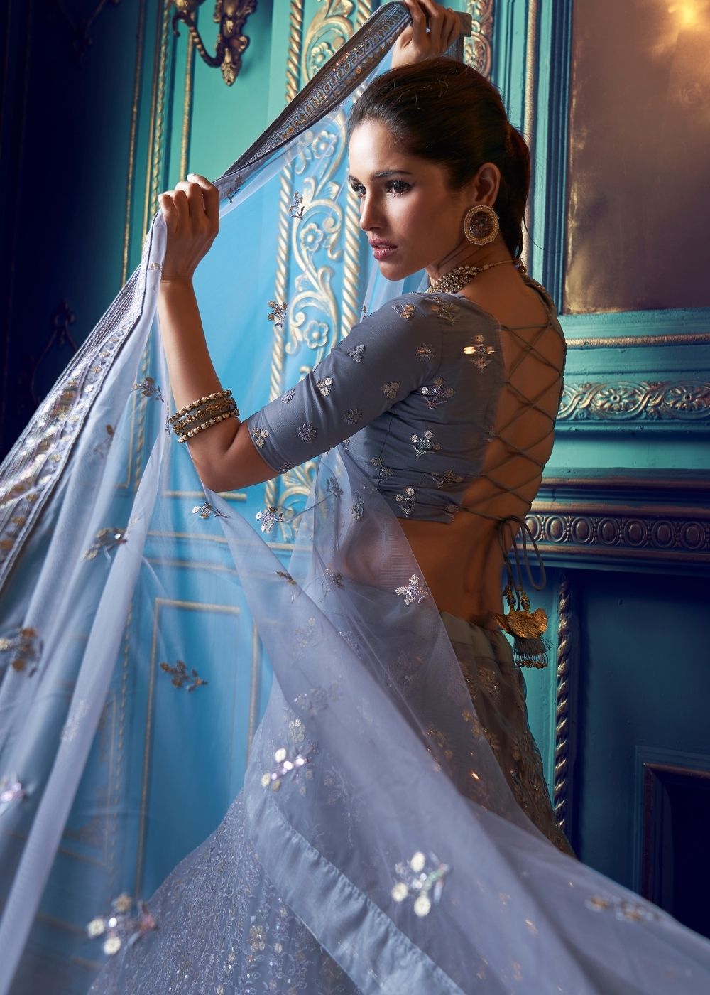 Shadow Blue Designer Soft Net Lehenga Choli