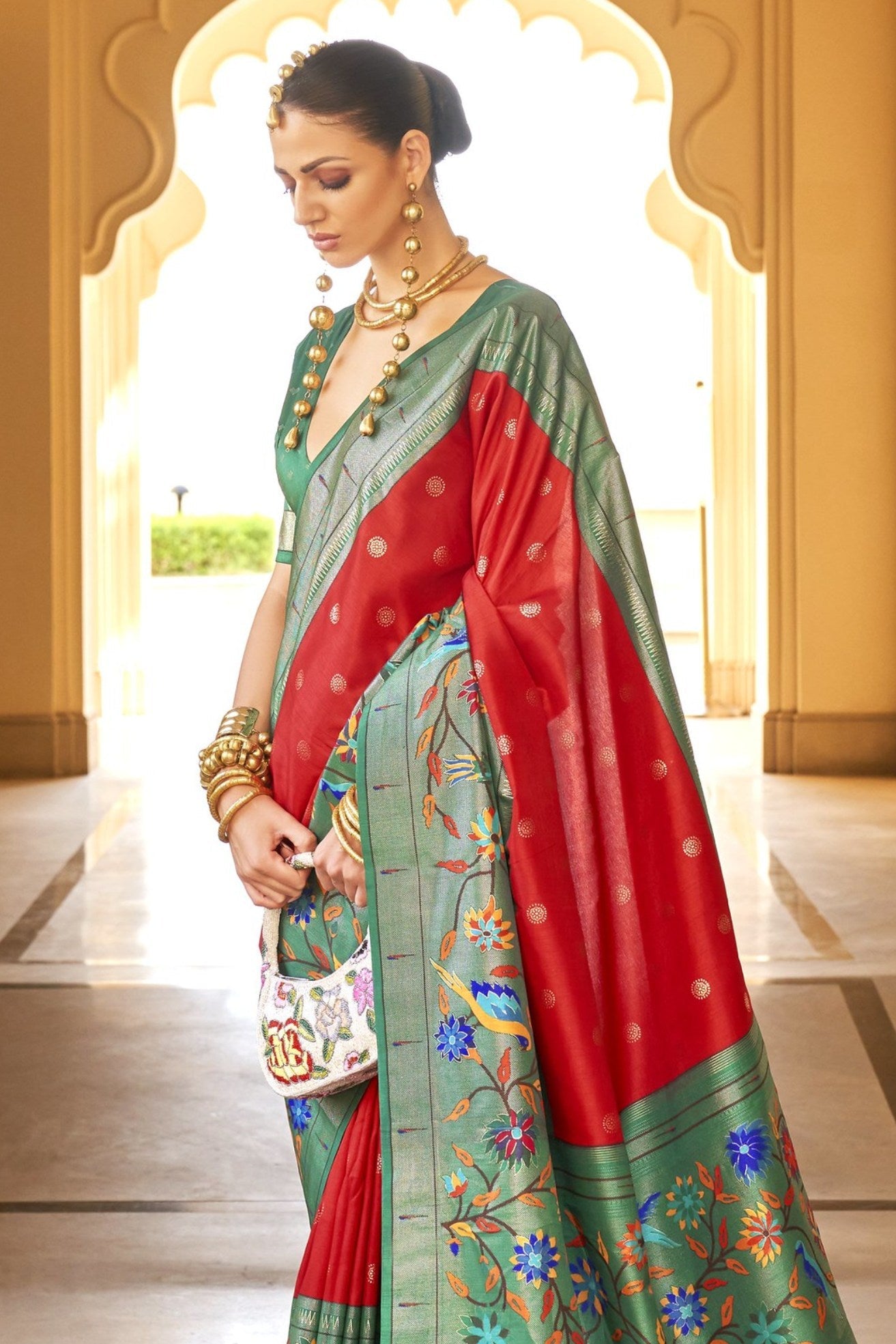 Red Chilli and Green Woven Paithani Designer Saree