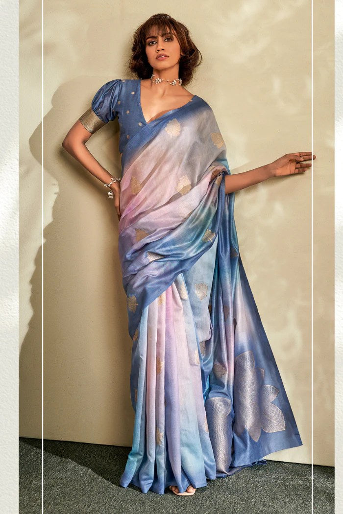 Waikawa Grey and Blue Banarasi Handloom Khadi Silk Saree