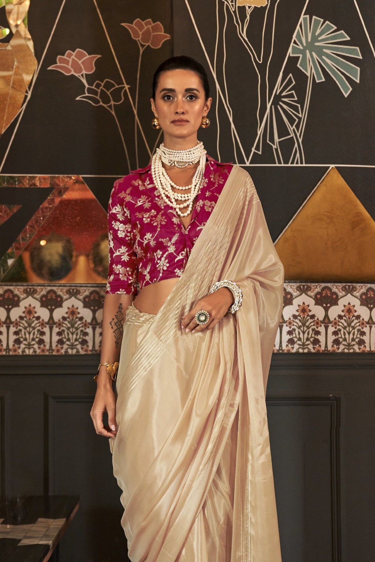 Brandy Cream Viscose Satin Handloom Saree