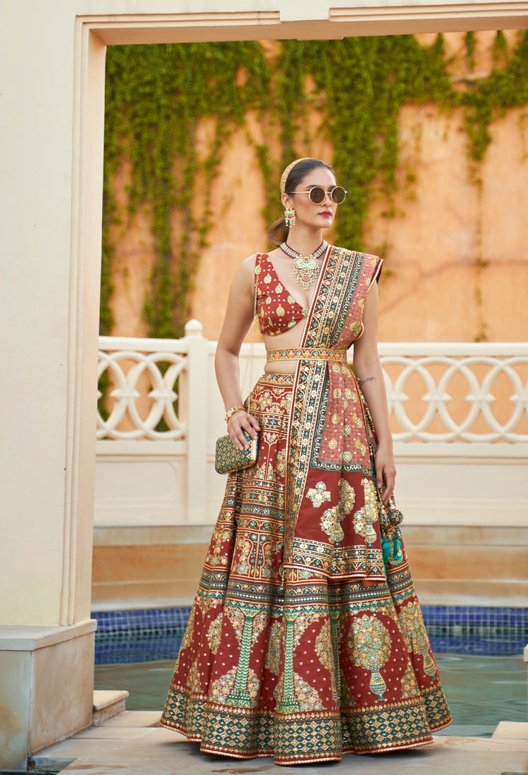 Dark Chilly Red Woven Lehenga Choli With Heavy Embroidery Work