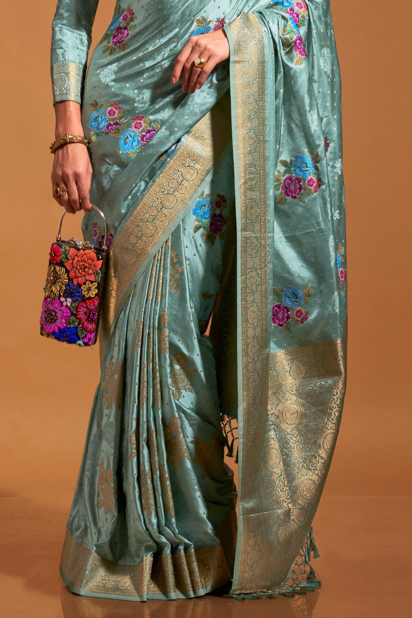 Summer Blue Handloom Satin Silk Saree