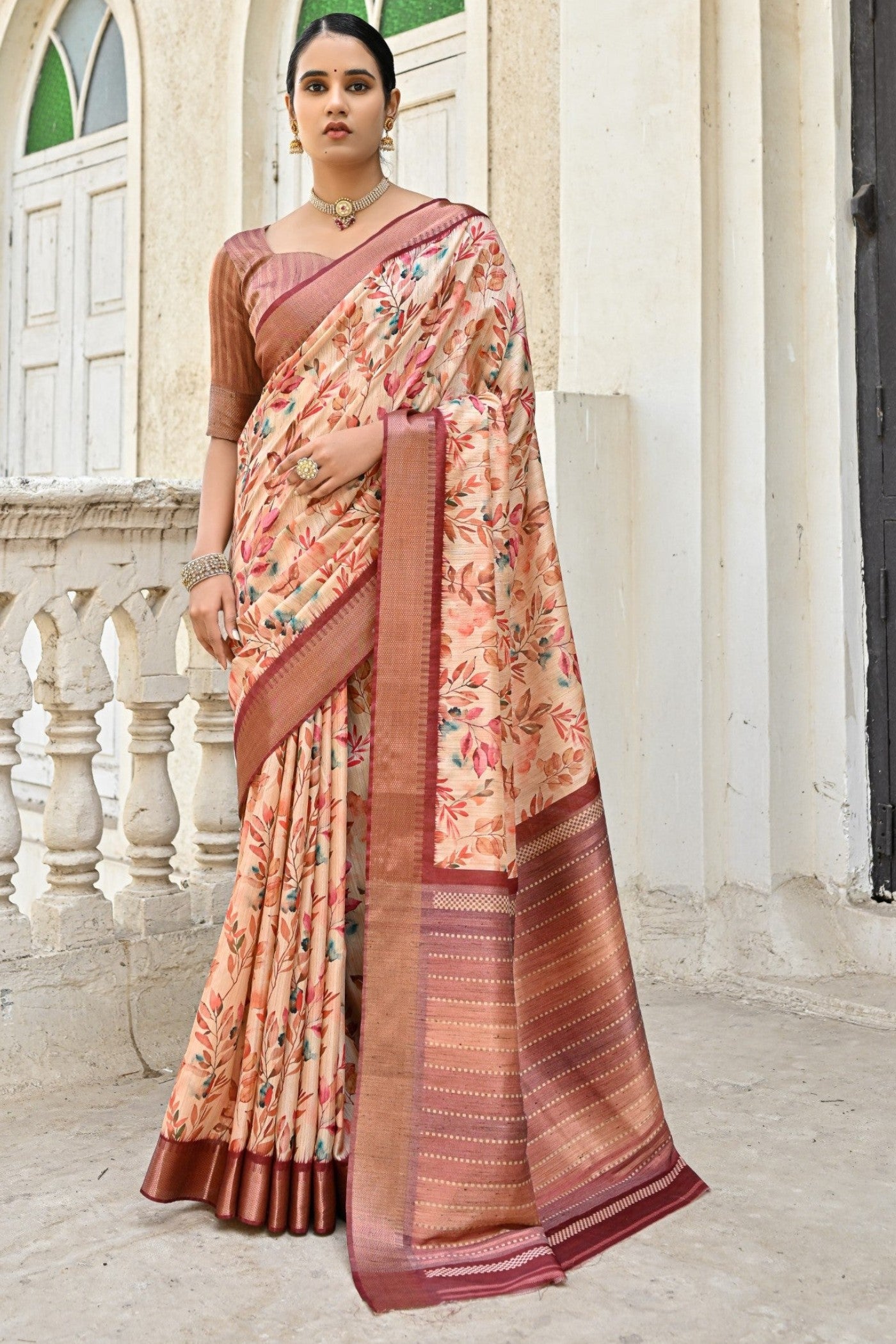 Contessa Brown Tussar Printed Silk Saree