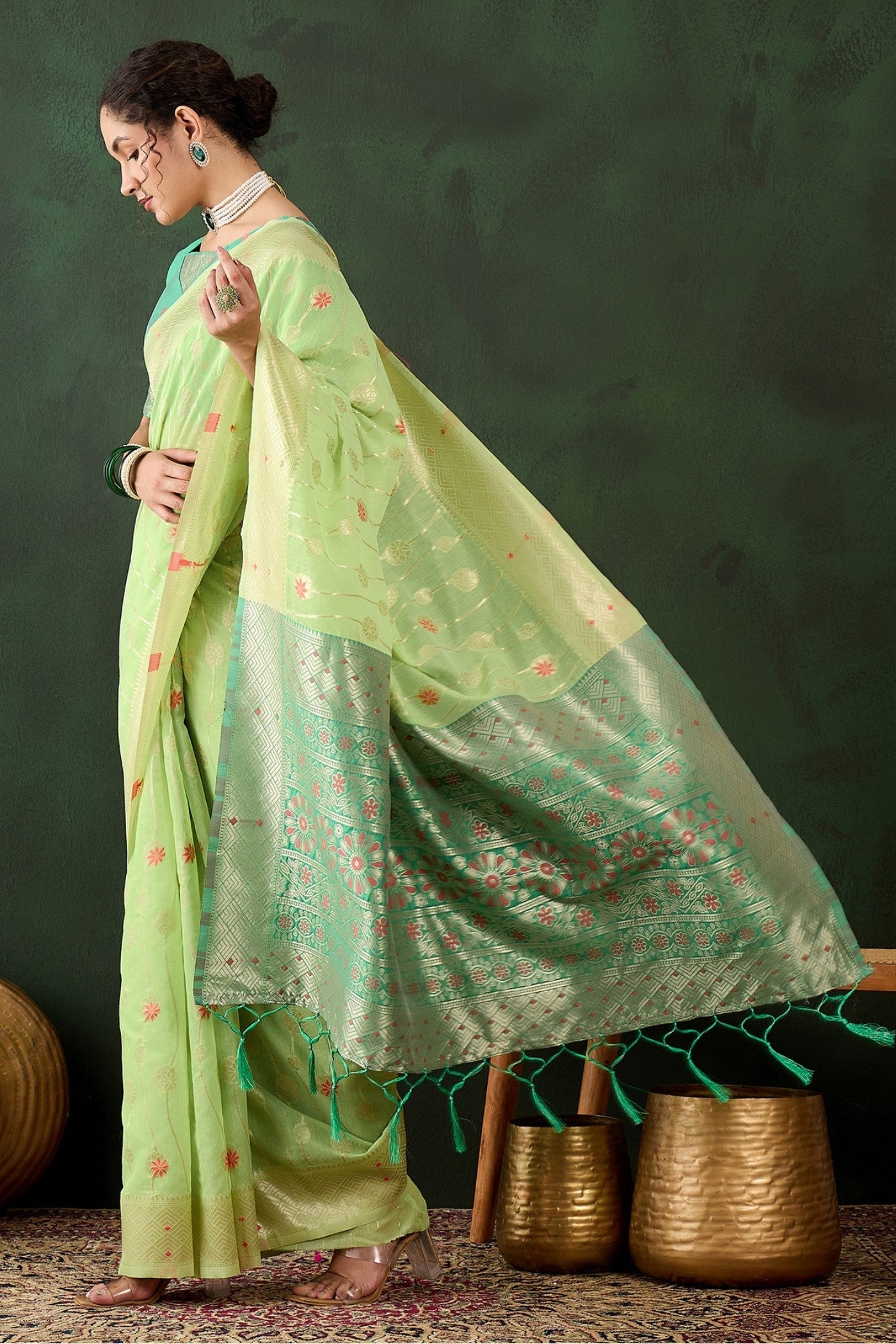 Pistachio Green Woven Cotton Saree