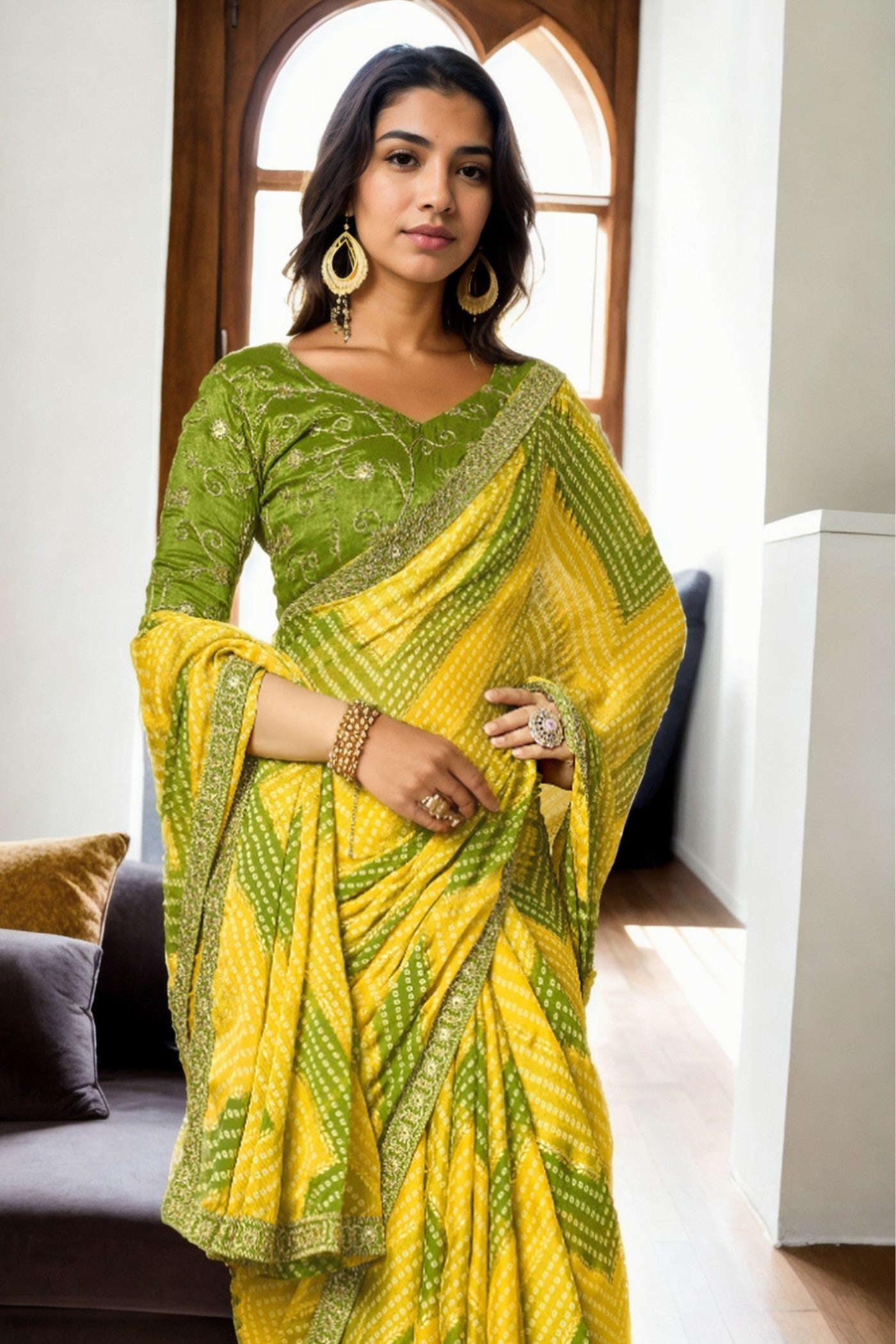 Sunflower Yellow and Green Bandhani Digital Printed Silk Saree