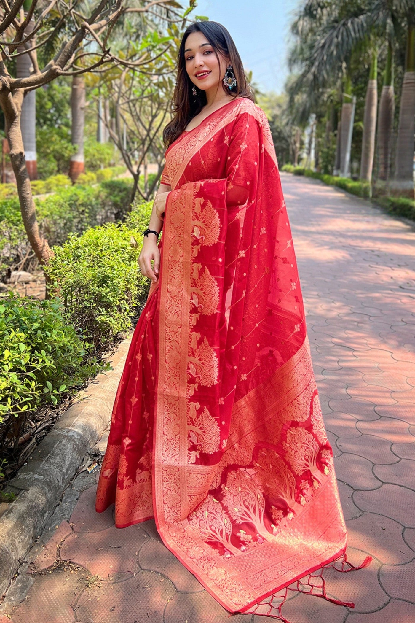 Rose Red Zari Woven Organza Saree