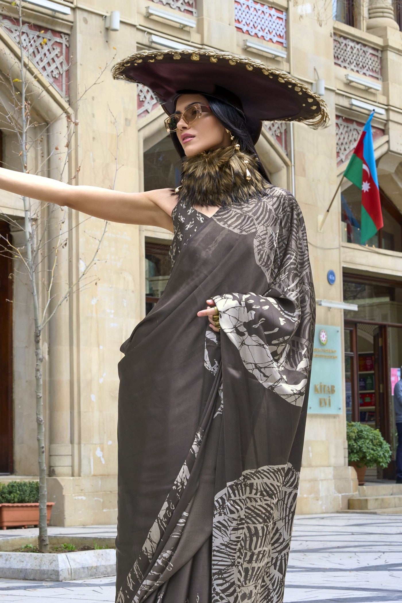 Cedar Brown Printed Satin Crepe Silk Saree