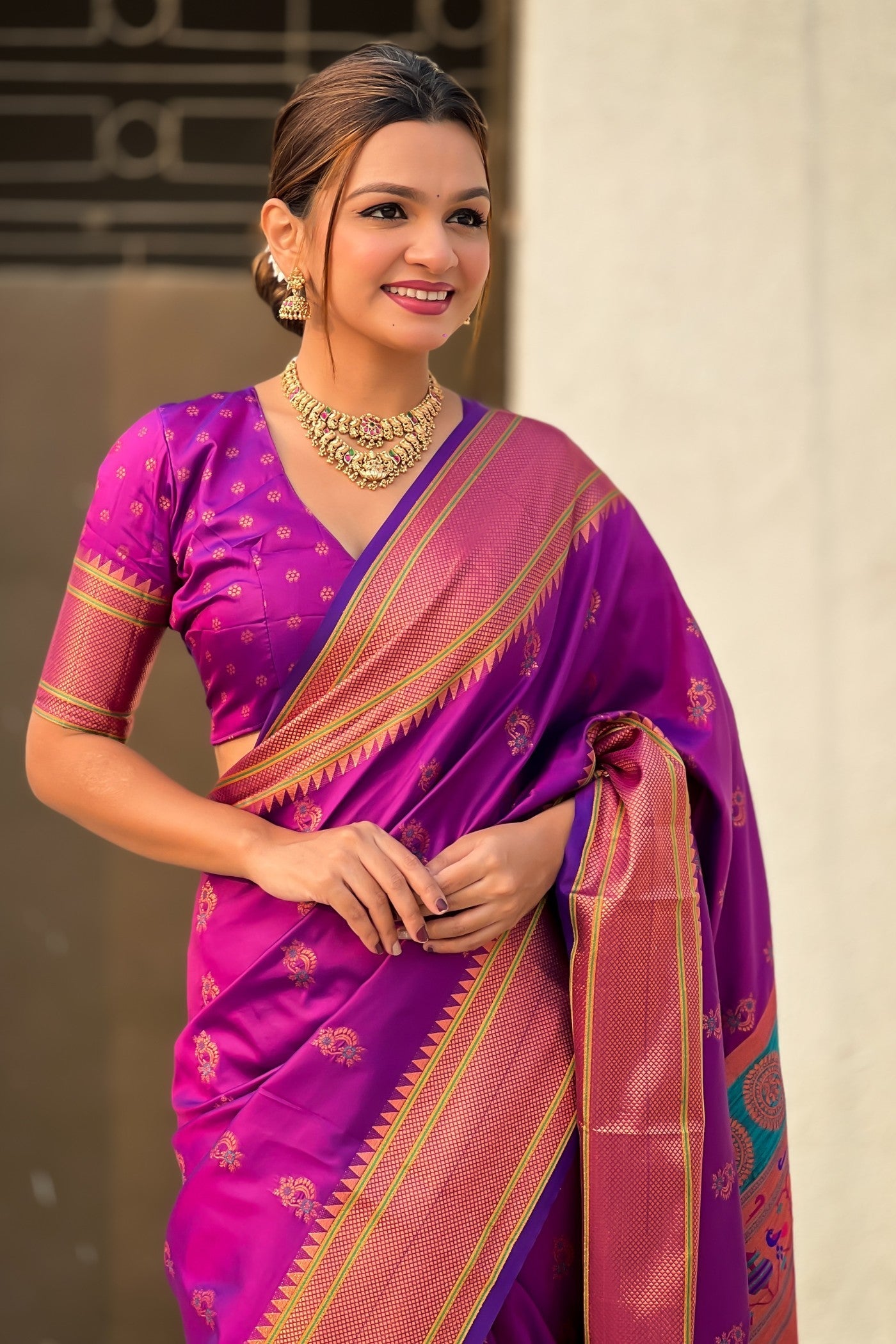 Berry Purple Zari Woven Nath Paithani Saree