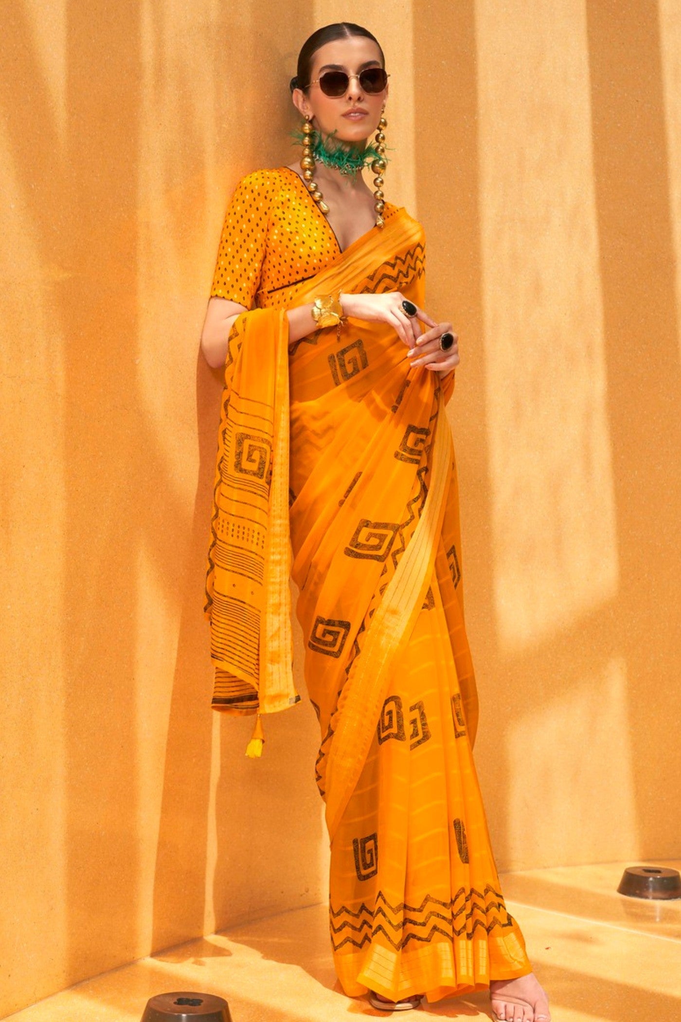 Turmeric Yellow Georgette Printed Saree