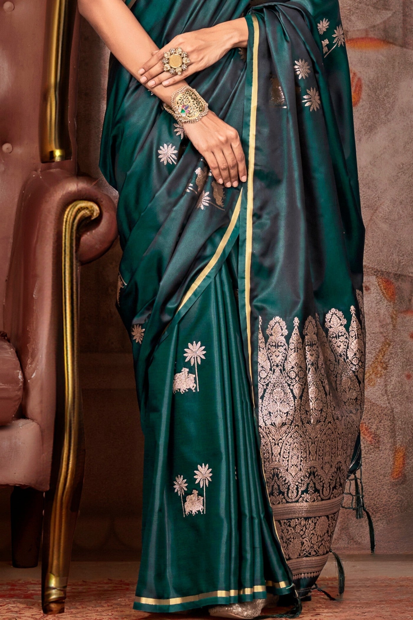 Hunter Green Banarasi Pichwai Satin Saree