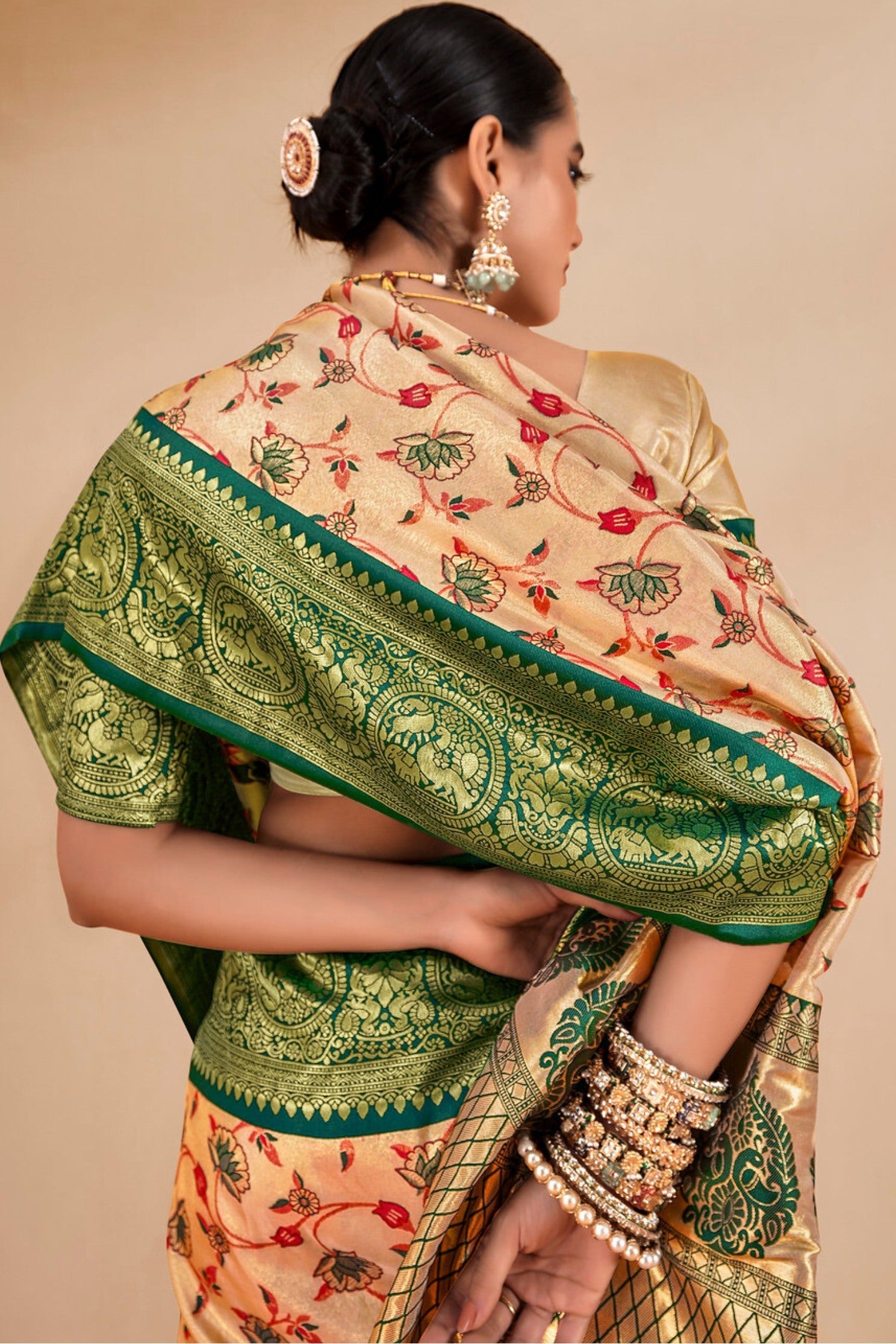 Twine Cream and Green Zari Woven Banarasi Saree