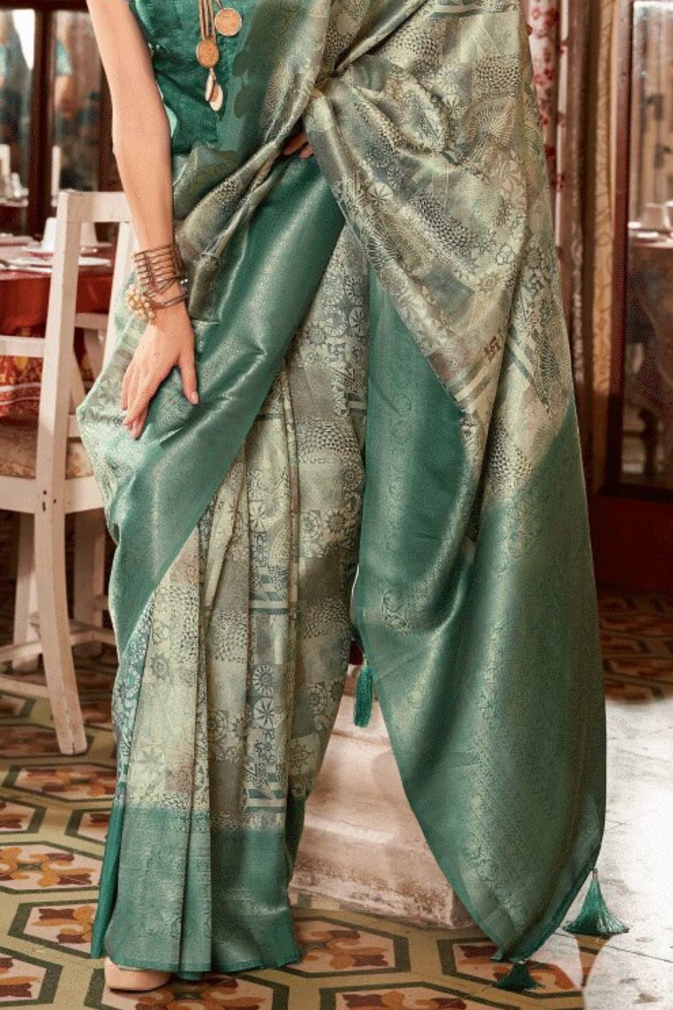 Sage Green Banarasi Digital Printed Saree