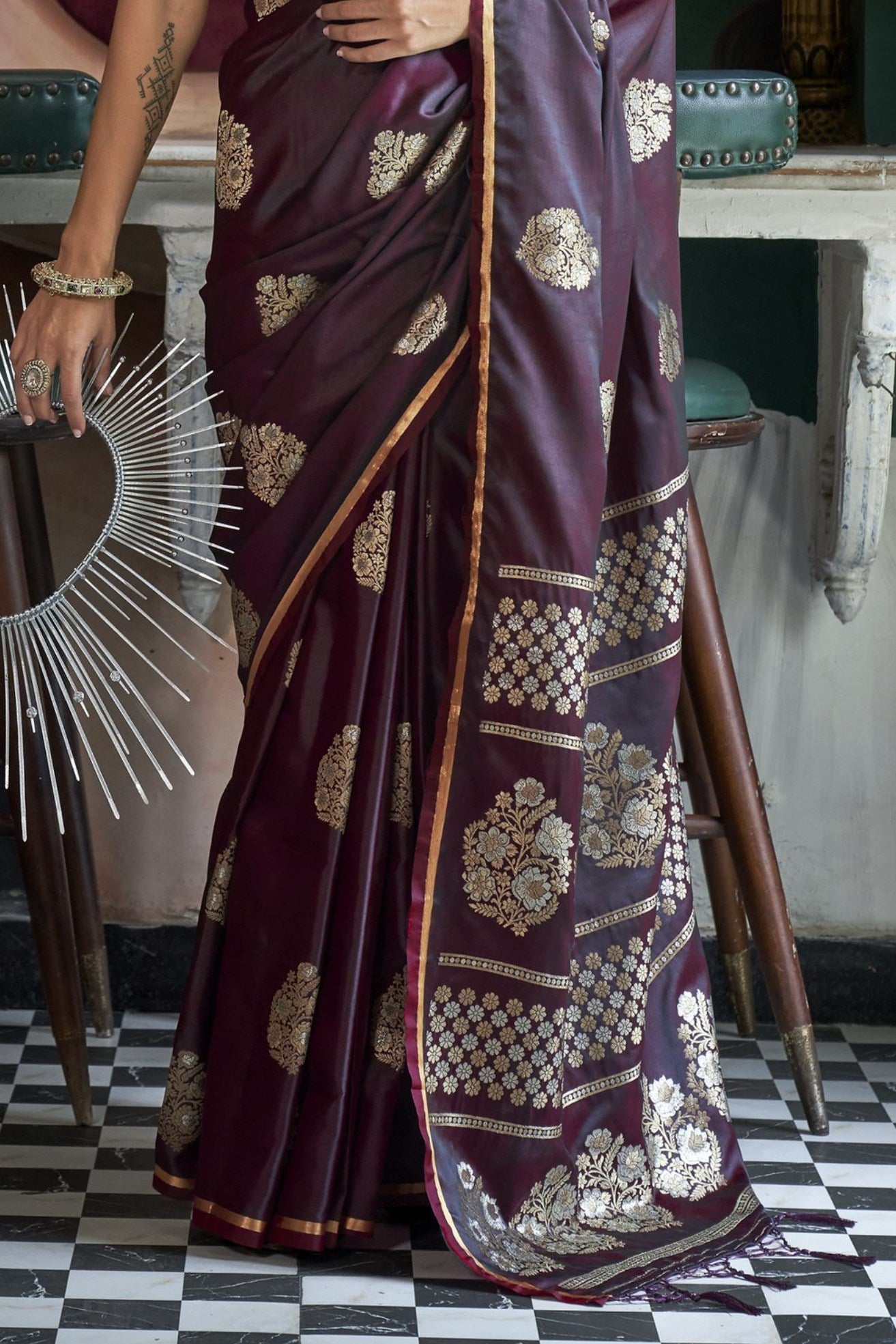 Cocoa Brown Banarasi Handloom Satin Saree