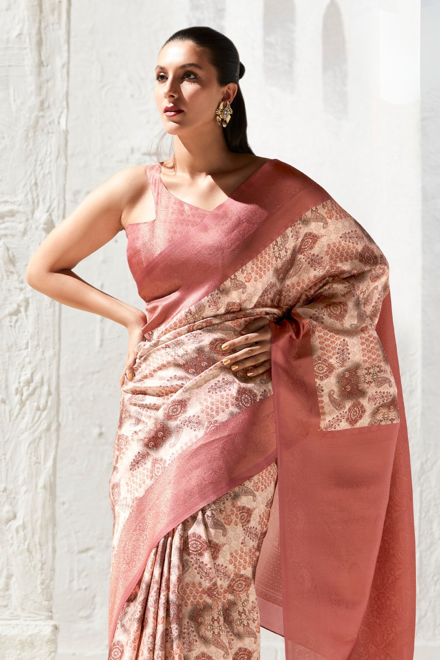 Wewak Peach Banarasi Digital Printed Saree