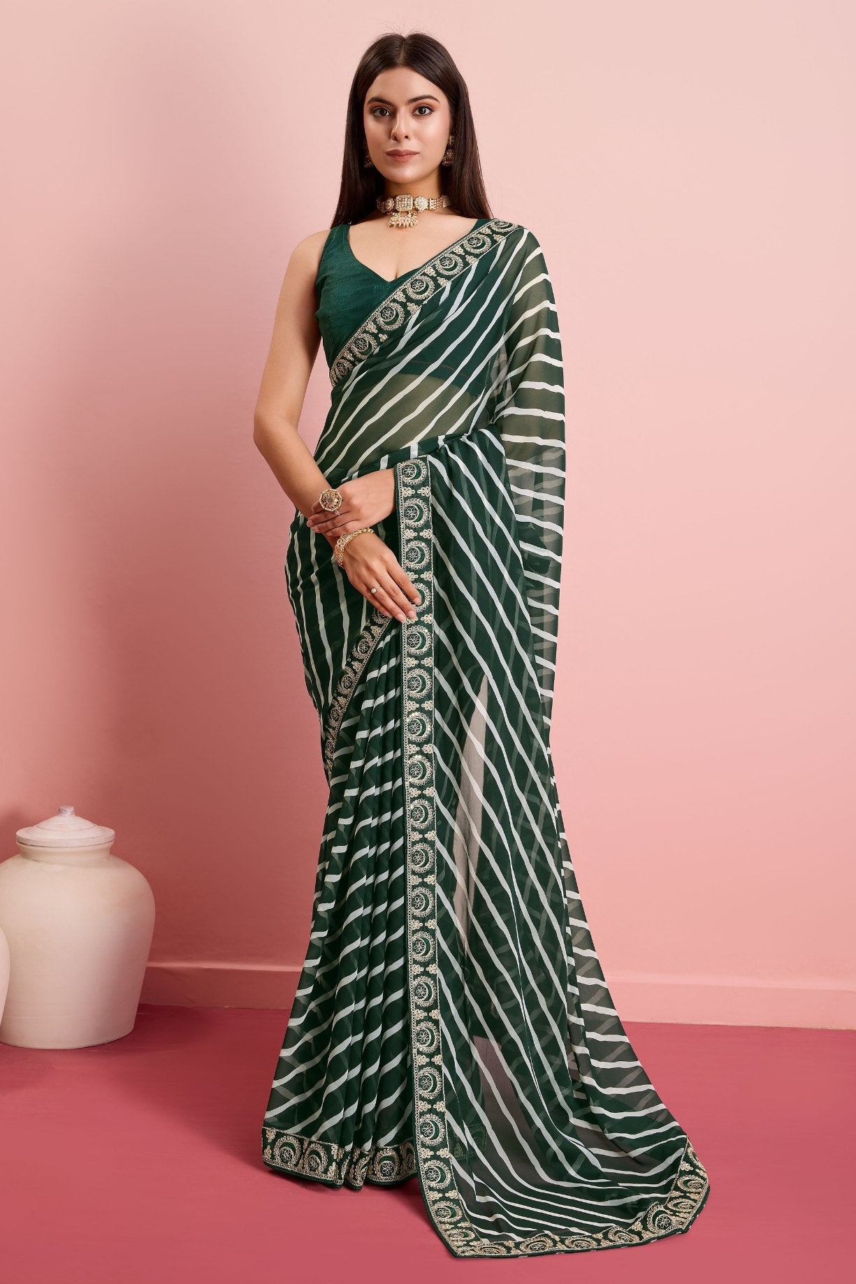 Cape Cod Green Georgette Lehriya Silk saree