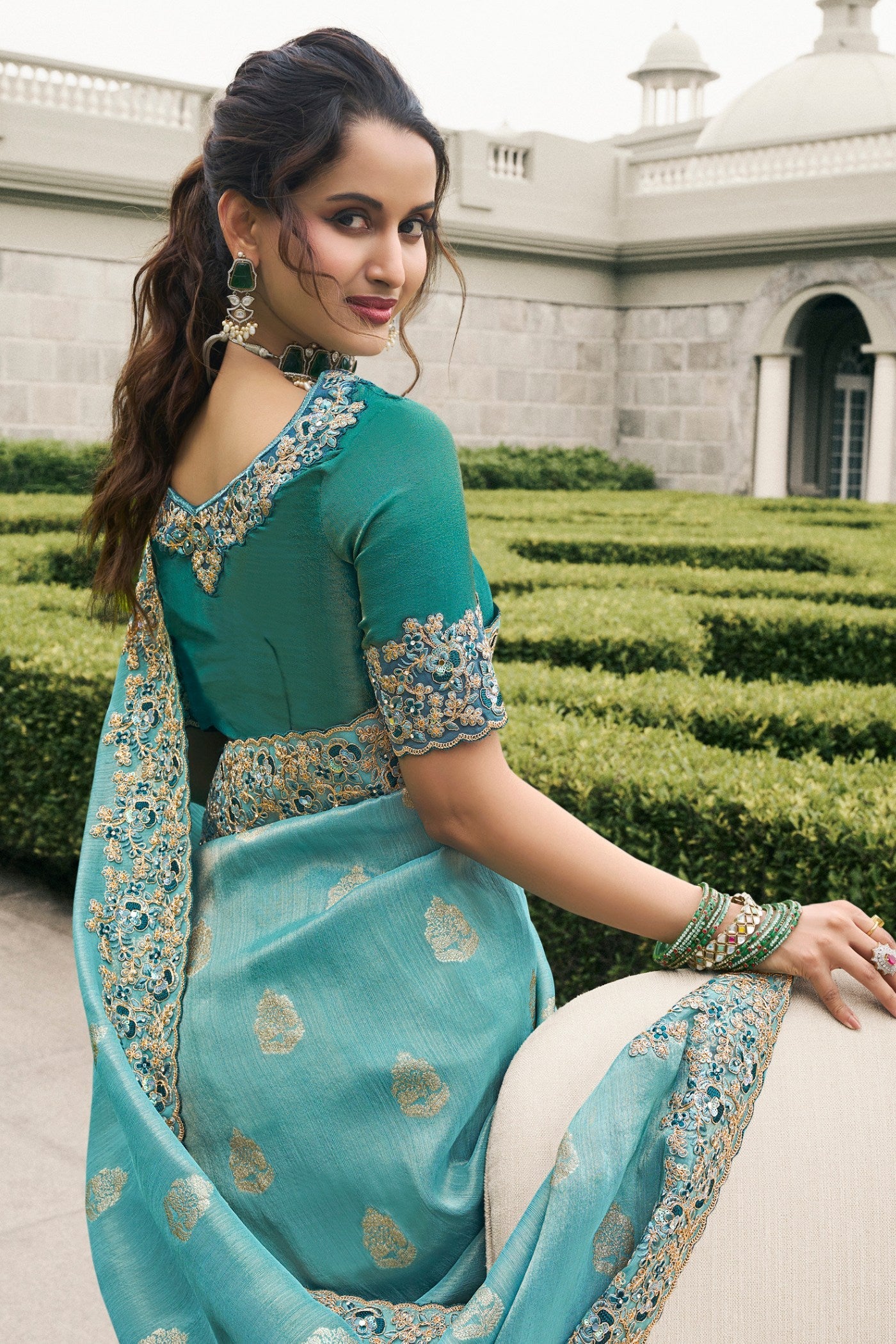 Sky Blue Banarasi Designer Embroidered Saree