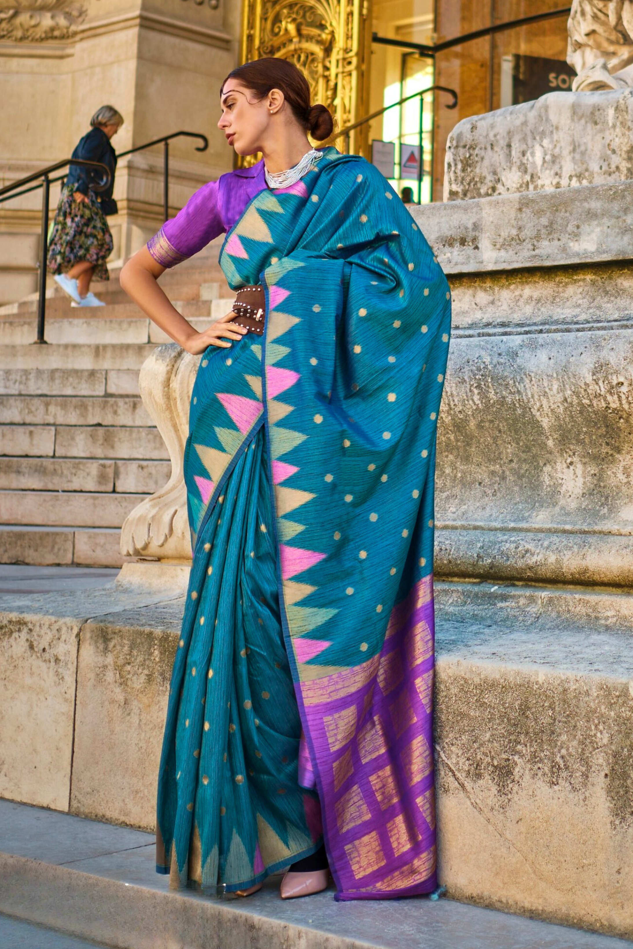 Blue South Tussar Temple Border Silk Saree