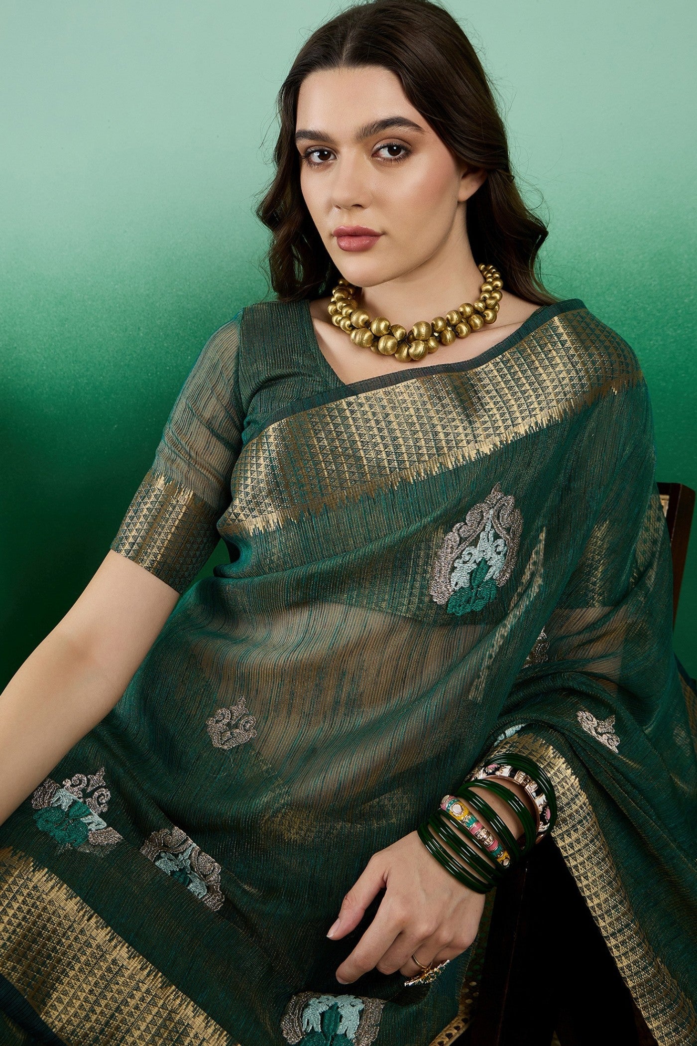 Everglade Green Khadi Organza Saree