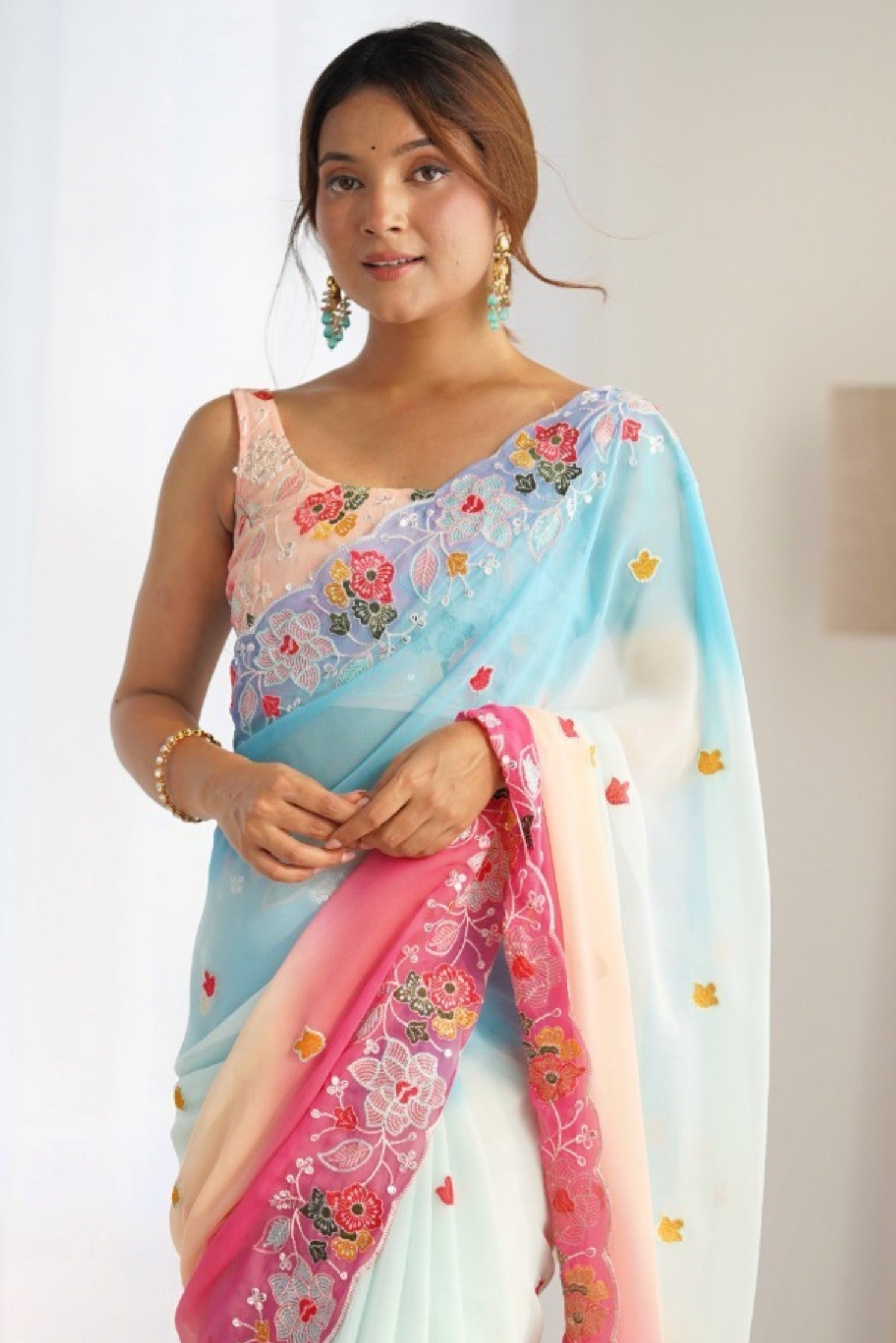 Smokey Blue and Pink Georgette Saree