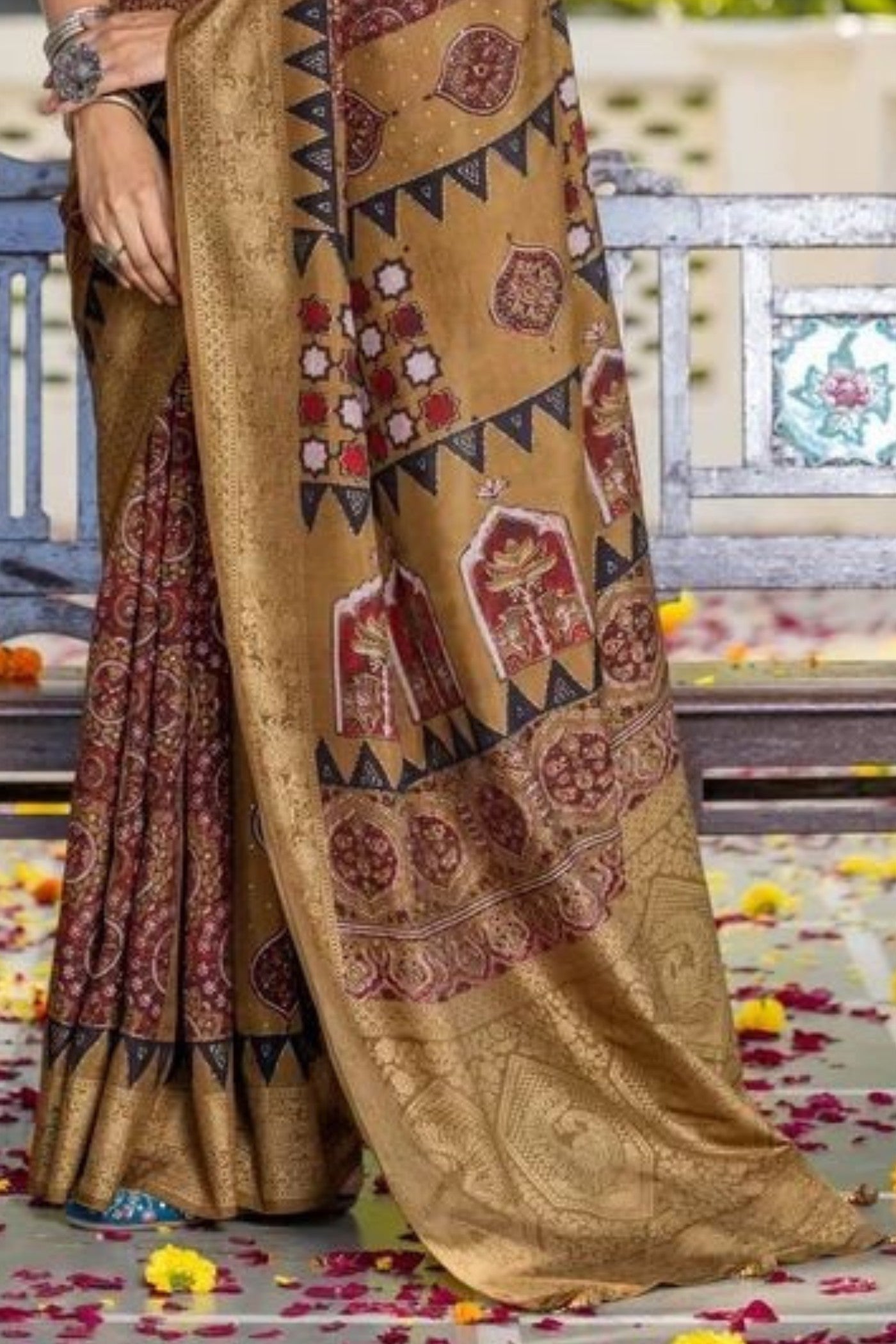 Dusty Brown Ajrakh Digital Printed Satin Saree